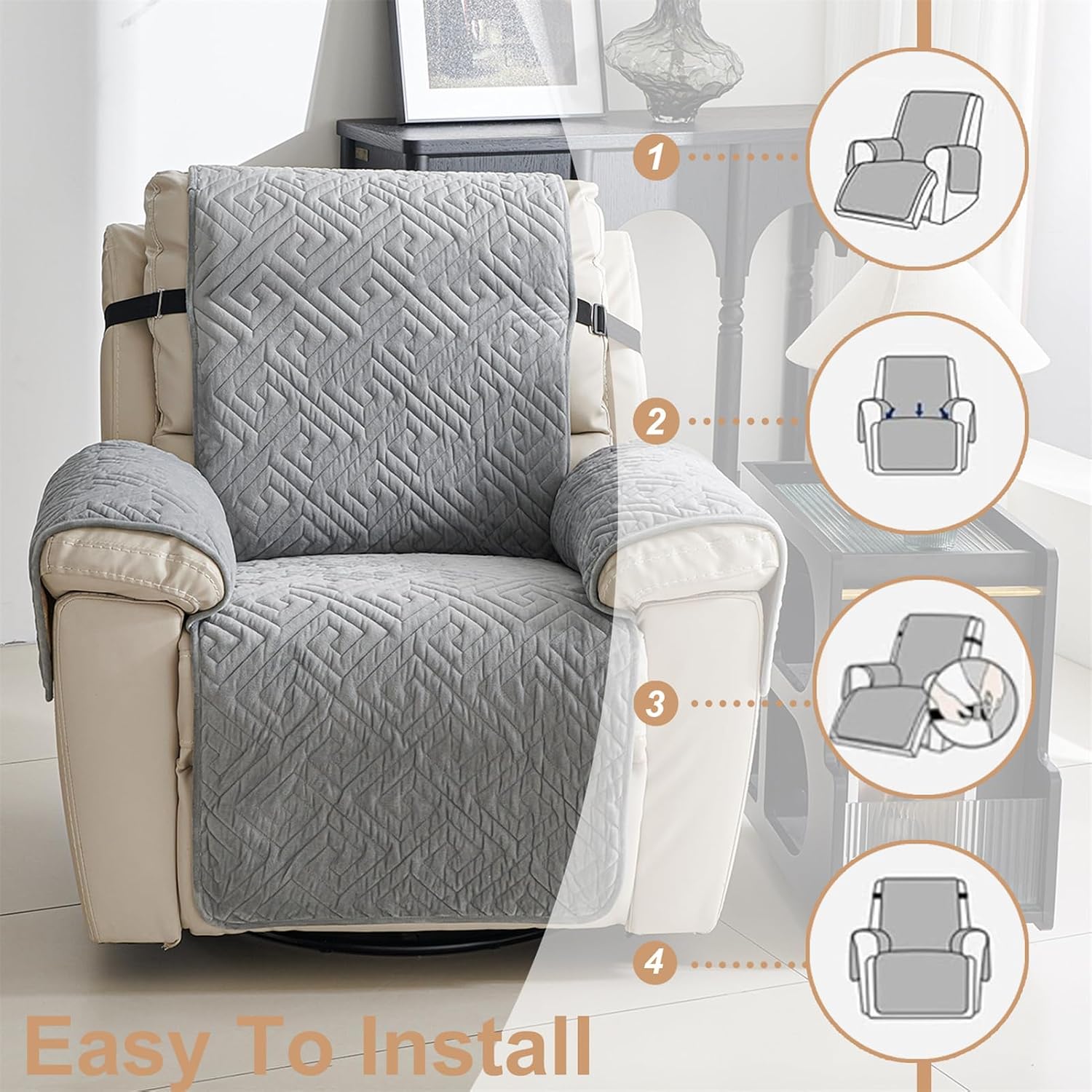 Plush Recliner Chair Cover, 2025 Thickened Armchair Cover, Non Slip, Grey