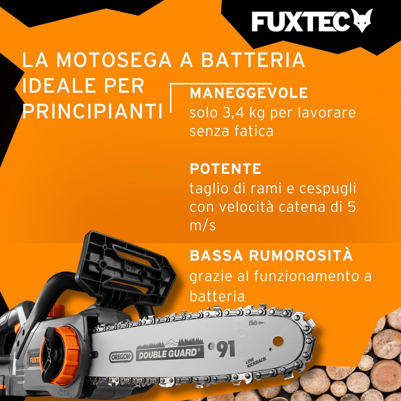 Motosega a batteria 20V FUXTEC FX-E1KS20 – con batteria e caricatore – lunghezza di taglio 24 cm (10 pollici) velocità della catena di 5m/s – leggera e compatta