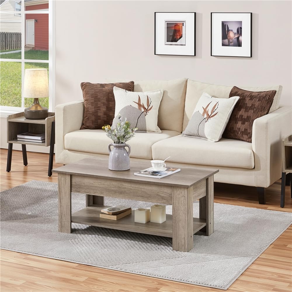 Yaheetech Couchtisch Kaffeetisch höhenverstellbar Wohnzimmertisch mit Ablagefach Sofatisch Beistelltisch Teetisch aus Holz Grau – Bild 7