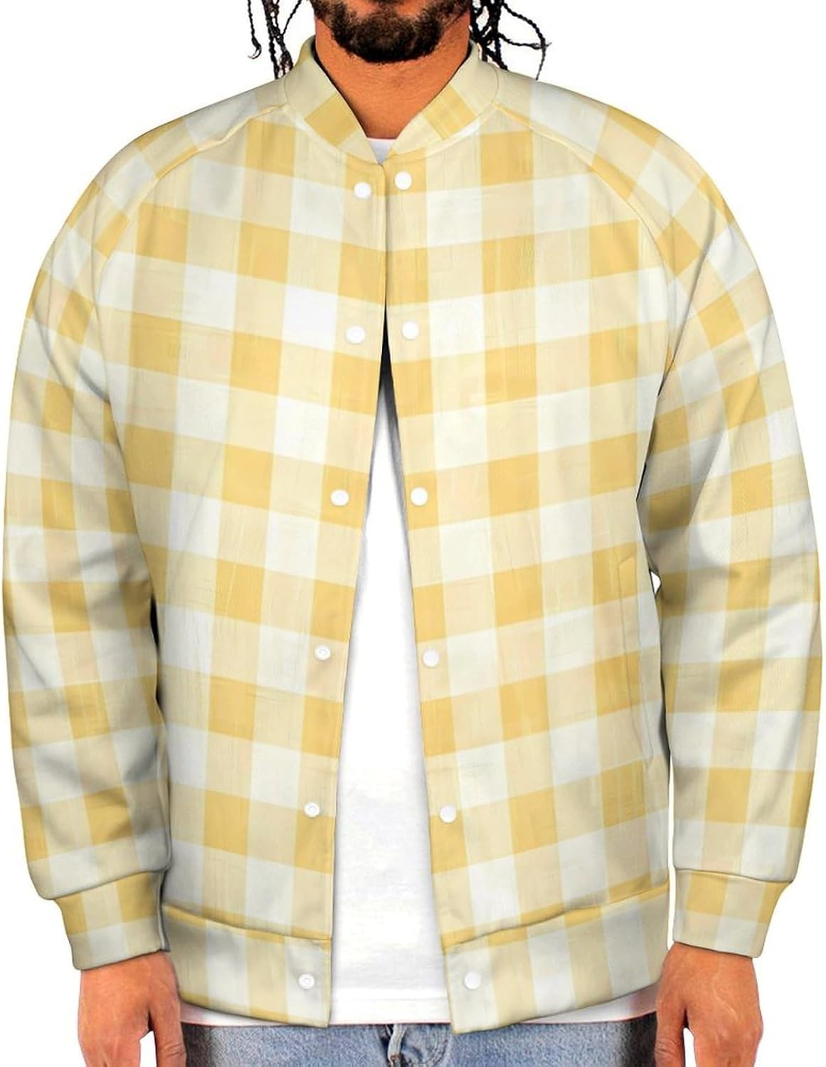 Pastel Lemon Yellow Checked Novelty Men's Baseball Jackets Causal Sweatshirt Button Top Long Sleeve Coat