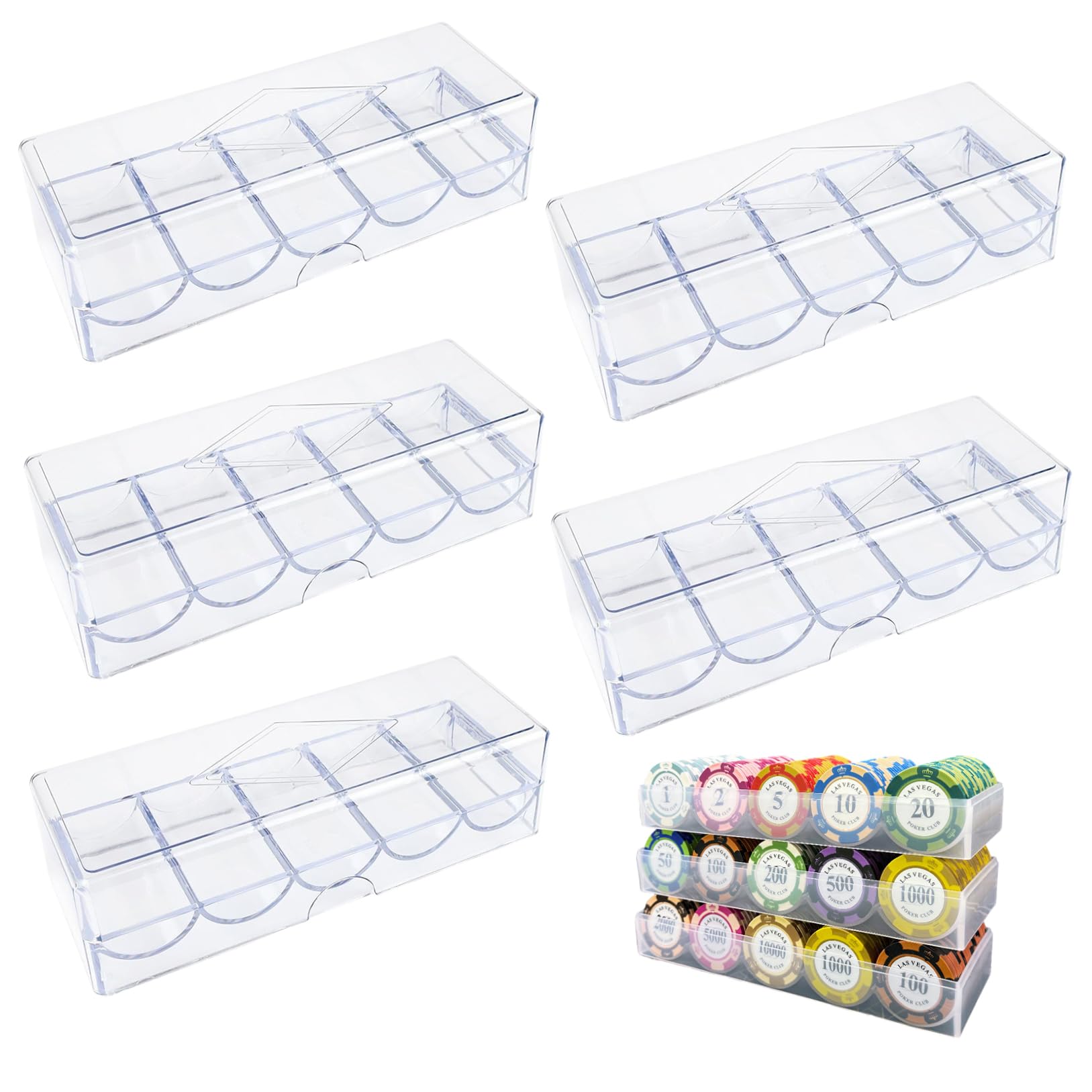 BeVistoso 5Pcs Poker Chip Case, Clear Plastic Poker Chip Tray with Lid, Multi-Use Storage Display Case for Gambling, Parties or Home