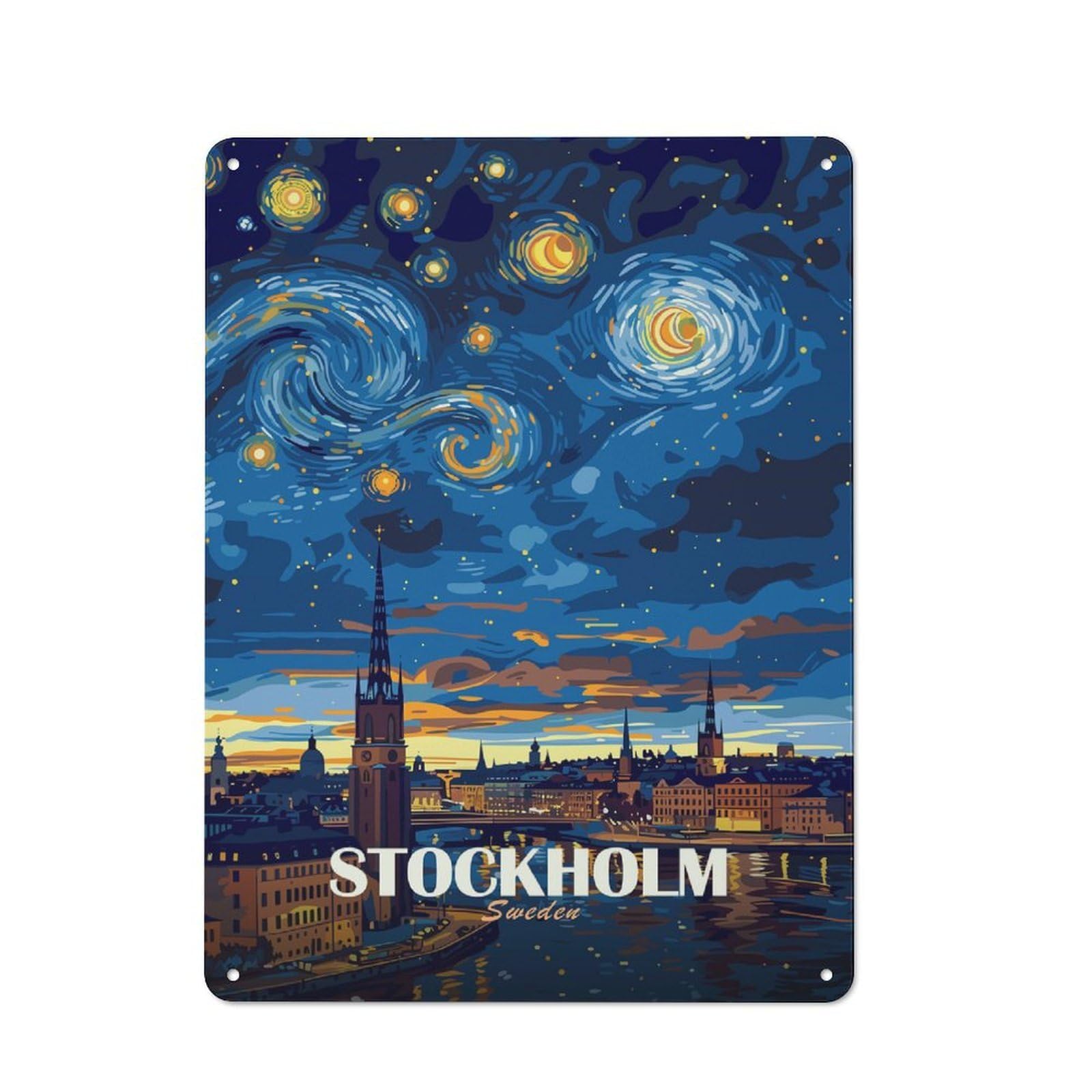 Junmoney Style-17 For Garage Or Workshop, Stockholm Sweden Night Sky Art Rustic Metal Plaque 40X30cm, Suited To Wall Displays In Garages And Tool Rooms