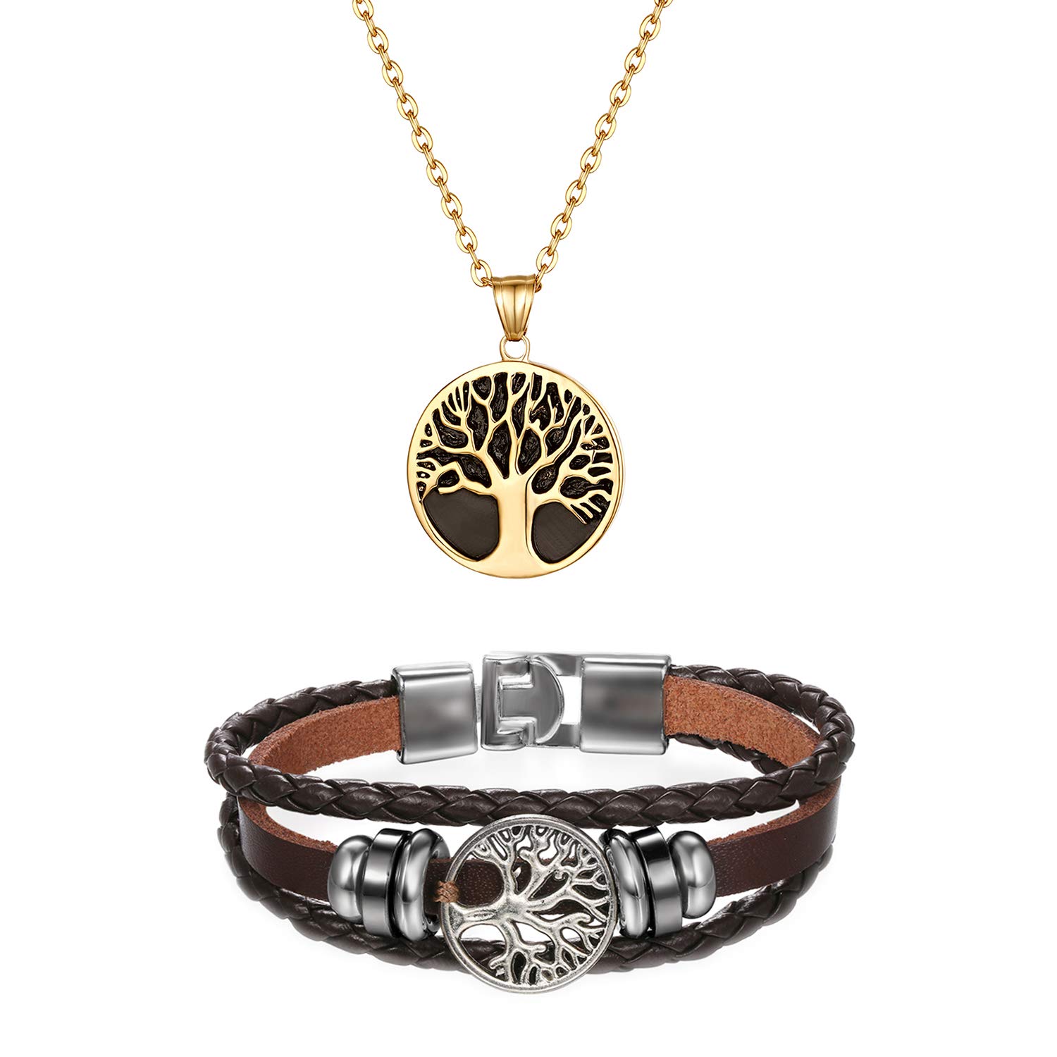 Cupimatch Halskette Lebensbaum Wikinger Armband Herren Schmuck Set Edelstahl Leder Kordelarmband Kette für Männer Jungen, Schwarz Braun