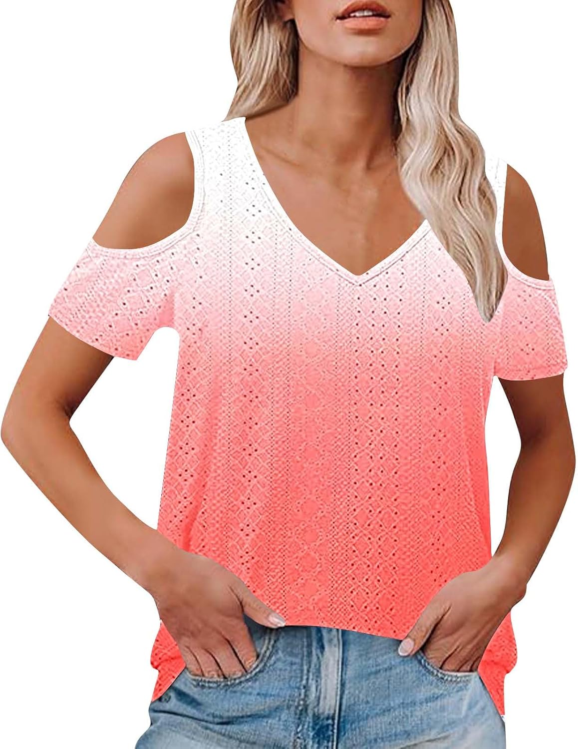 Sexy Cold Shoulder Tops for Women Casual Summer Short Sleeve Shirts Gradient V Neck Loose Fit Blouses Tees Tunics