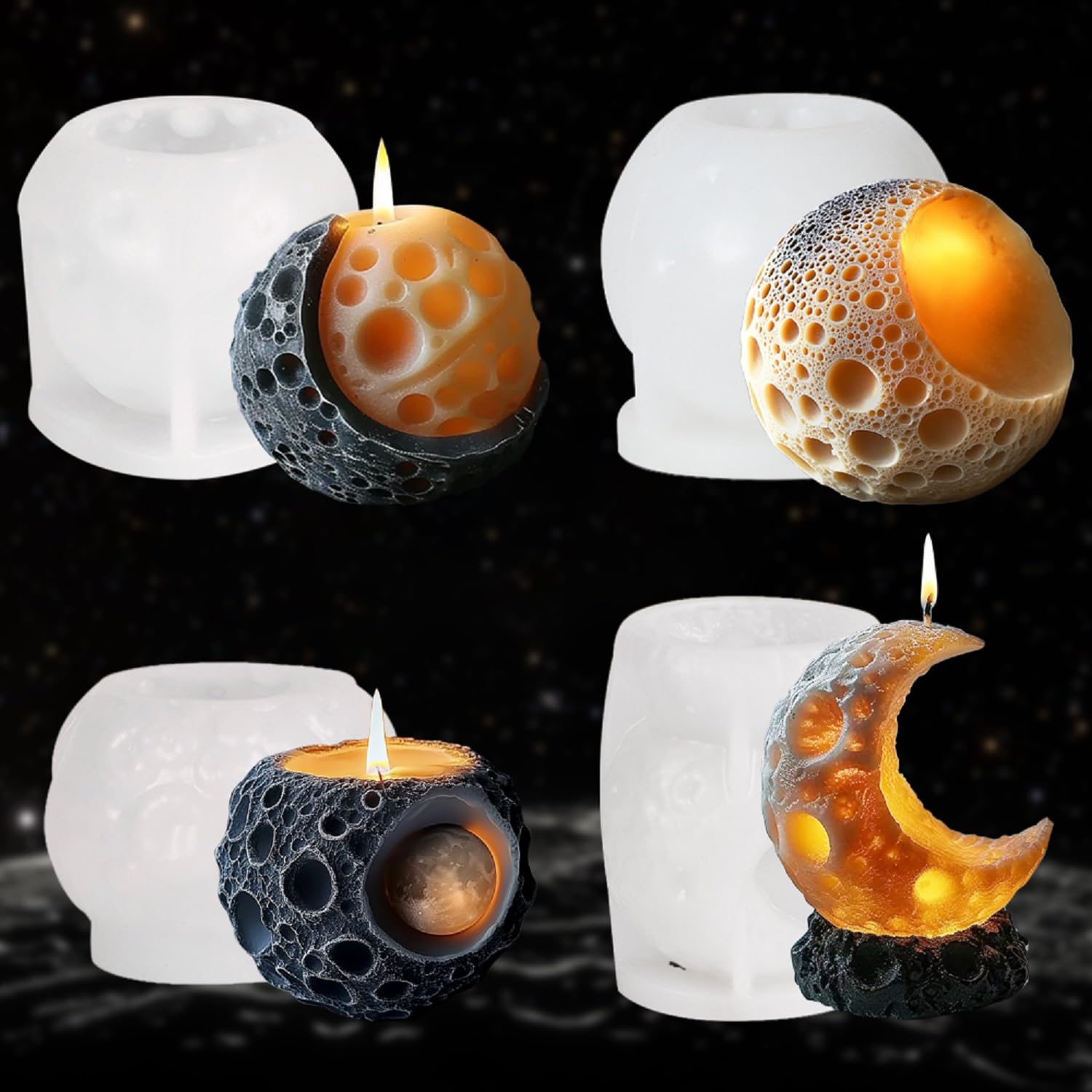 Set of 4 Silicone Sphere Moon Candle Molds, Moon Ball Candle Molds, Resin Casting Silicone Molds for DIY Candle Making, Epoxy Resin Craft, Soap, Clay, Candle Wax Casting, Home Decoration