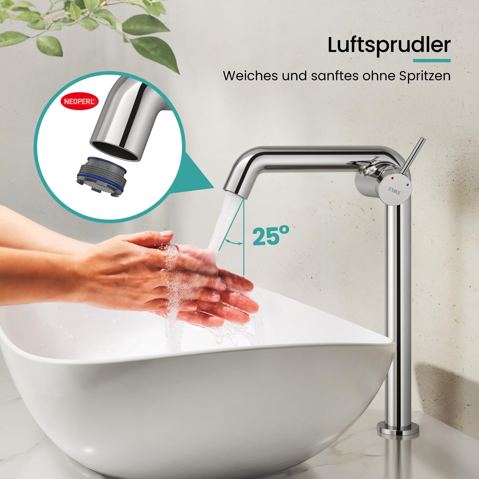 EMKE Wasserhahn Bad Chrom, 332 x 220 x 76 mm, Messing, Keramikkartusche, Badarmatur, Wasserhahn mit Luftsprudler, Waschtischarmatur, Mischbatterie Waschbecken-Armatur einfache Installation