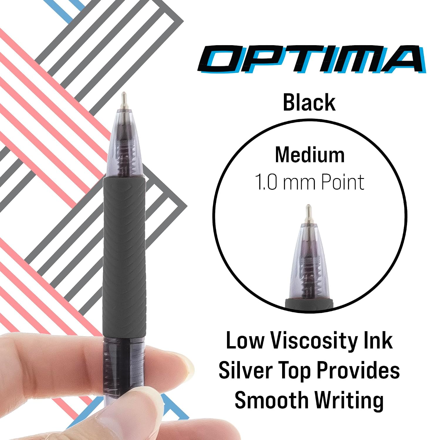 BAZIC Products Oil Gel Ink Retractable Pen Optima Black Color, 0.7 mm Medium Point Soft Grip Smooth Writing, for Office School (3/Pack), 24-Pack