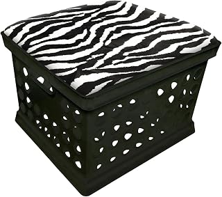 Black Utility Crate Storage Container Ottoman Bench Stool for Office/Home/School/Preschools with Your Choice of Seat Cushion Theme! (Black & White Zebra)
