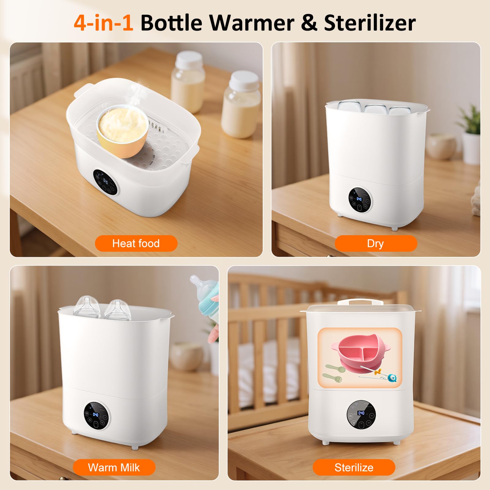 Sterilisator für Babyflaschen, Flaschen Sterilisator Baby | 5-in-1: Sterilisieren, Trocknen, Auto-Sterilisieren&Trocknen, Essen Aufwärmen, Flaschen Warmhalten | 8 Flaschen Kapazität, 24h Keimschutz