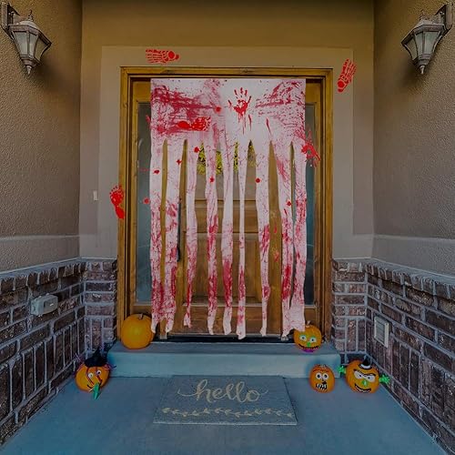 Miniatura 7 de BigOtters 3 piezas de decoración de cortina de puerta de Halloween con impresiones de manos sangrientas, cortina de puerta y calcomanías de pared
