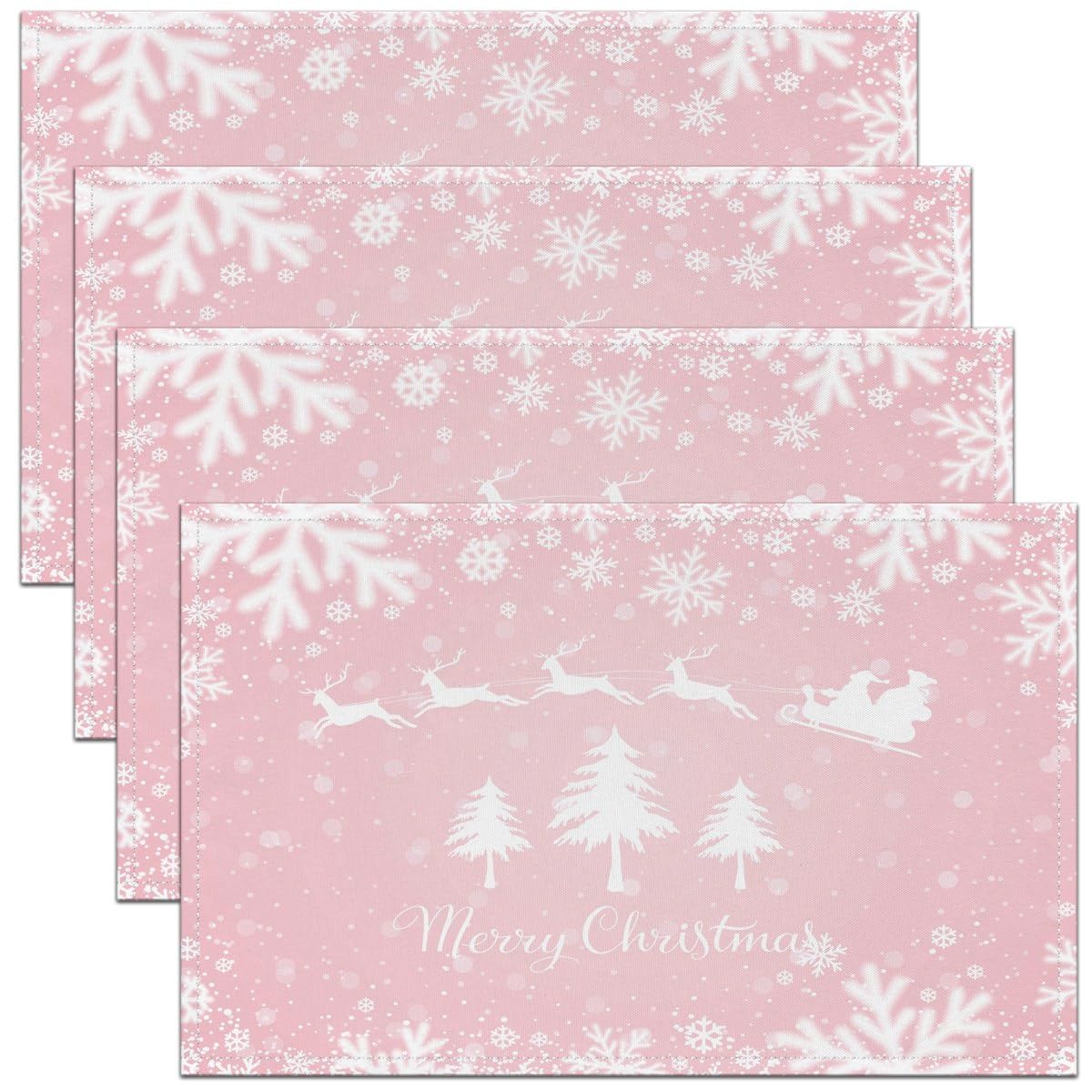 Pink Christmas Table Mats Placemat Merry Christmas Tree Placemats Set of 4 Kitchen Dining Table Santa Claus Placemats for Dining Table Indoor Outdoor Kitchen 45X30cm Xmas Deer Elk