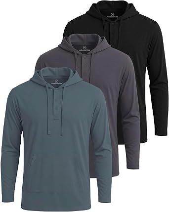 Real Essentials 3 Pack Mens Cotton Henley Pullover Hoodie Lightweight Casual Long Sleeve Hooded Sweatshirt Big & Tall