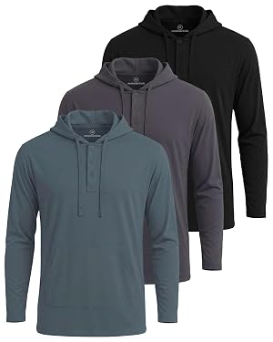 Real Essentials 3 Pack Mens Cotton Henley Pullover Hoodie Lightweight Casual Long Sleeve Hooded Sweatshirt Big Tall