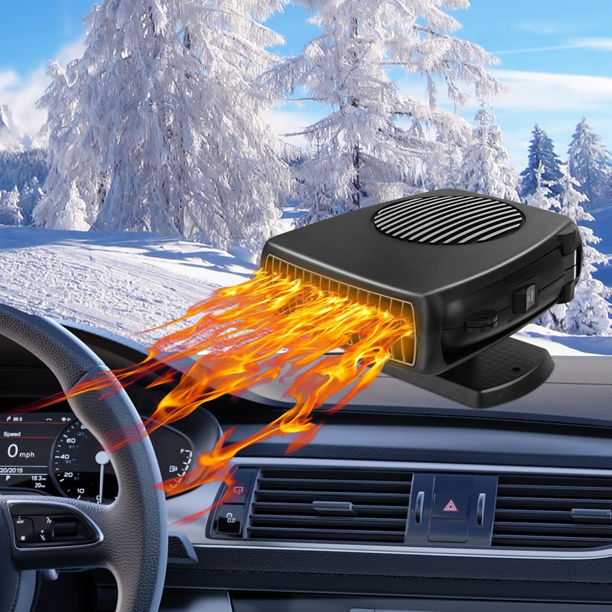 car heater, 200w 12v portable windshield defogger and defroster?2 in 1 modes fast heating &cooling fanswith cigarette lighter plug 360 degree rotary base