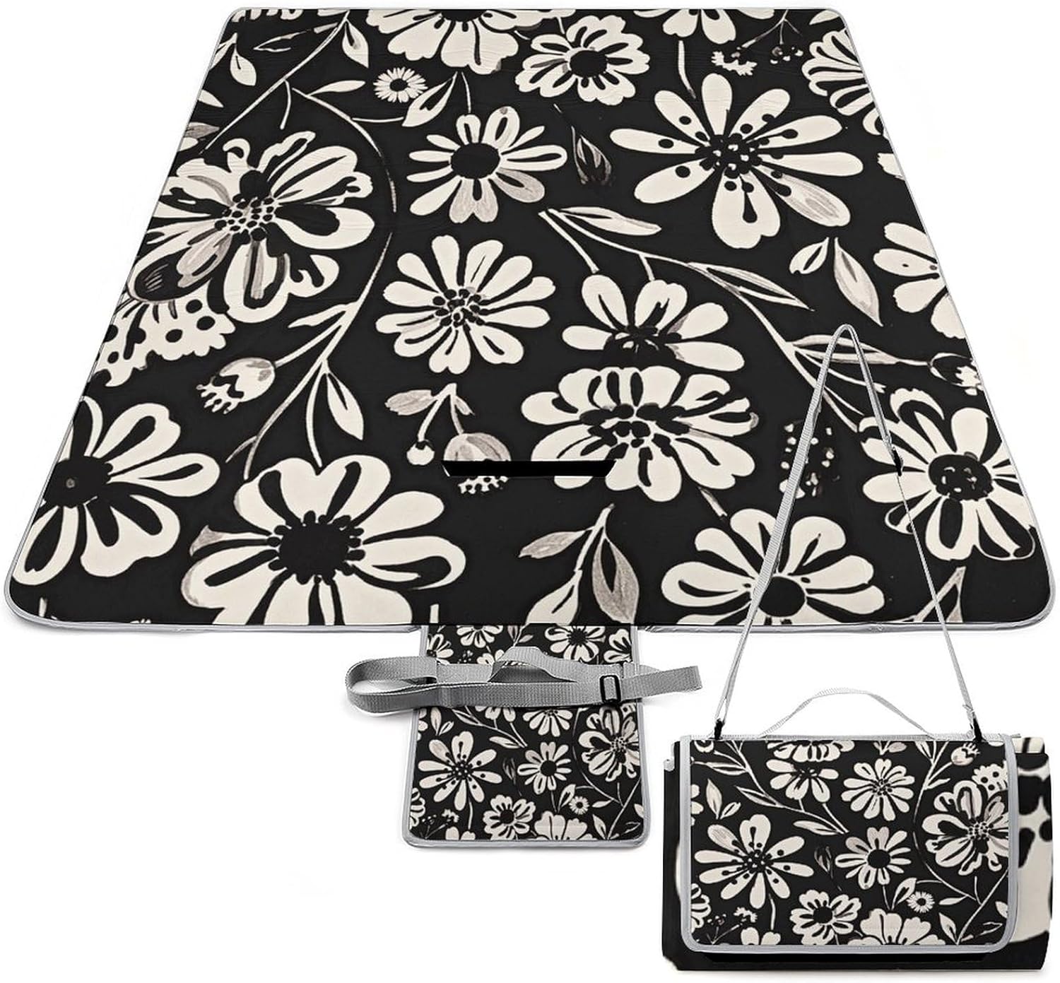 Outdoor Picnic Blanket Extra Large Beach Blanket Waterproof Picnic Mat Black and White Floral Print Camping Blanket Portable with Carry Strap Park Blanket for Grass Camping Park