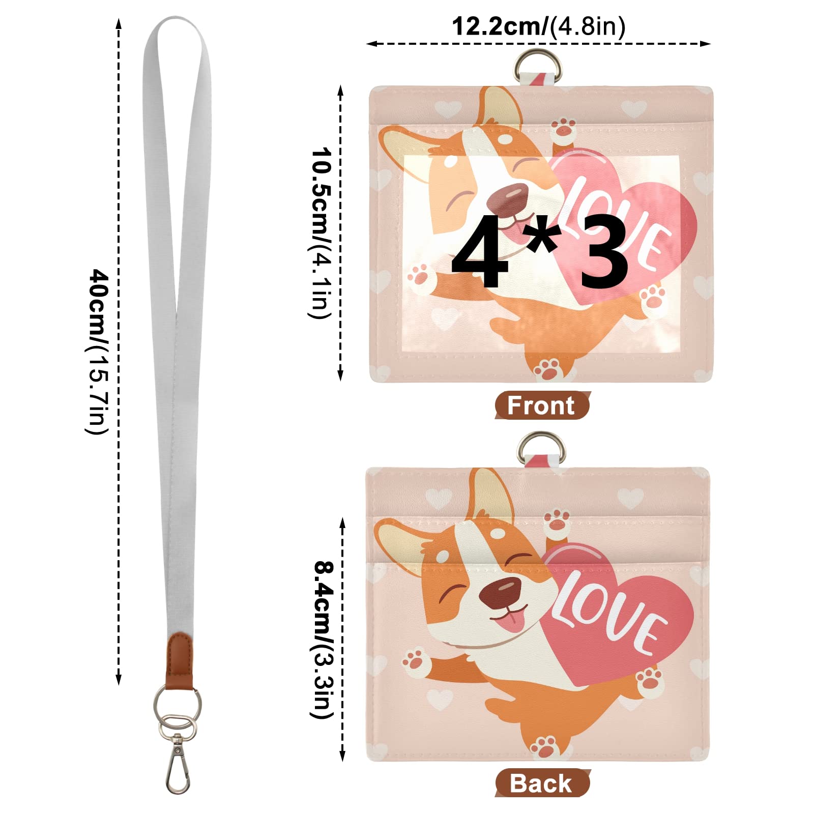 Corgi Love Heart Pink Vaccine Card Holder PU CDC Vaccination Card Protector 4X3 Inch Card Sleeve Cover Record Vaccine PU Card Holder with Lanyard for Name Tag Badge Specialist ID