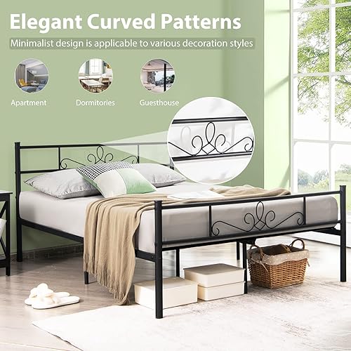 Miniatura 4 de KOMFOTT Base de cama de plataforma metálica de tamaño matrimonial con cabecera y estribo, base de colchón con listones de metal reforzados, no