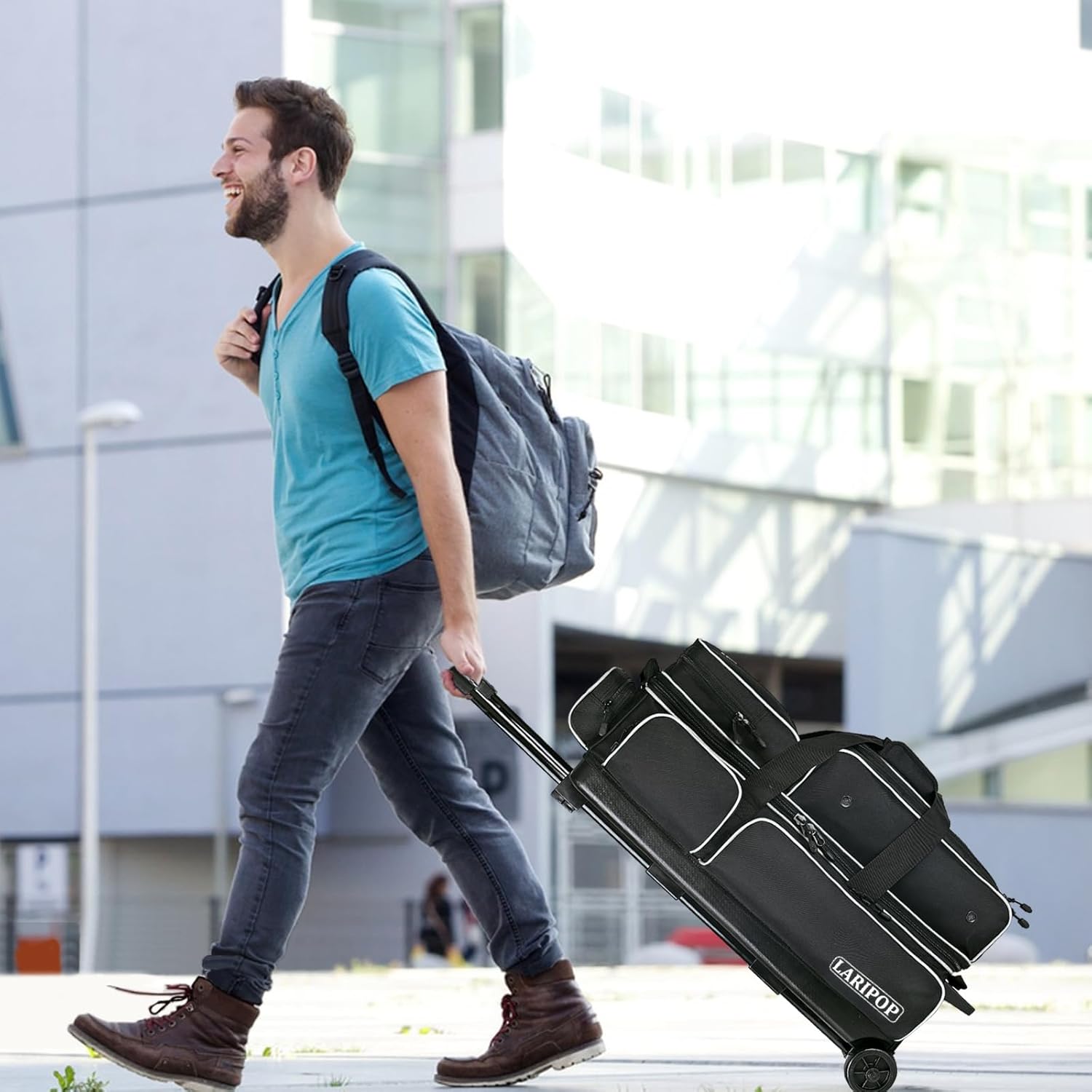 LARIPOP 3 Ball Bowling Bag with Wheels, Premium Roller Bowling Bag, Padded Compartment & Sturdy 38" Retractable Handle for League & Tournament Bowlers