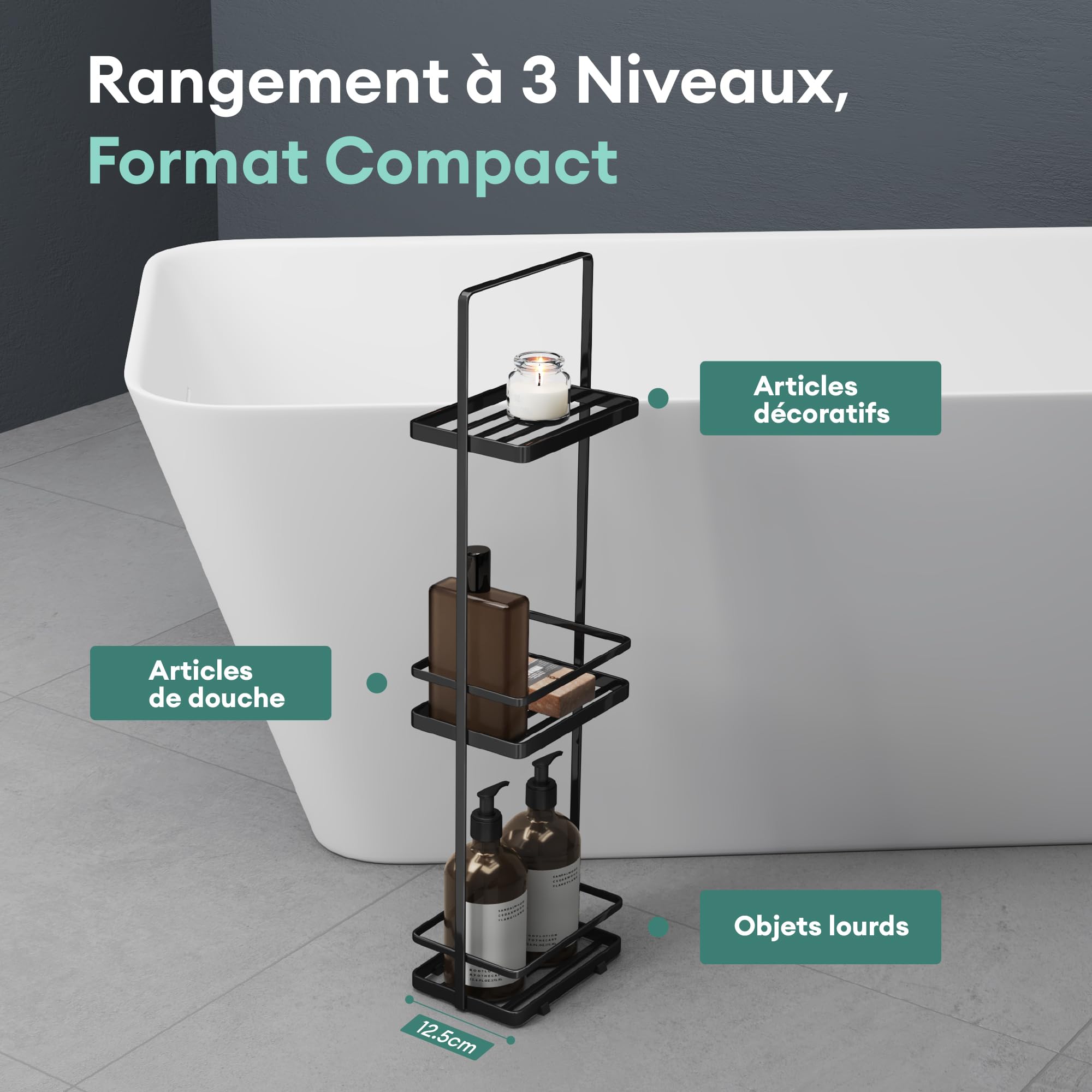 Mai & Mai 3 Niveaux Support de Douche sur Pied Étagère Douche sur Pied Salle de Bain Noir Reglo-02