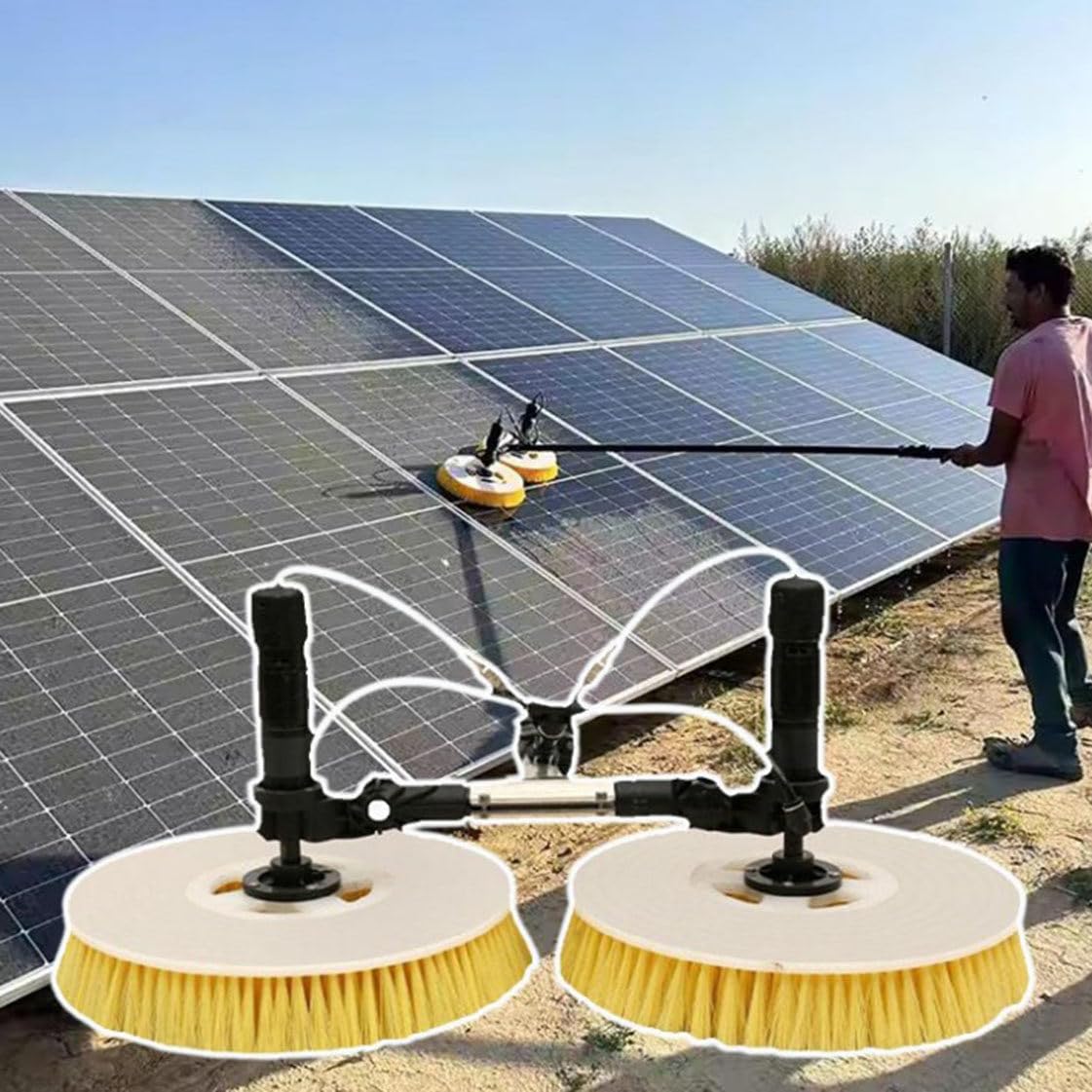 Generico Asta telescopica per la Pulizia dei Pannelli solari con spruzzatore Automatico e Spazzola elettrica a Doppio Disco per Una Manutenzione efficiente del Tetto e Un miglioramento dell'efficienz