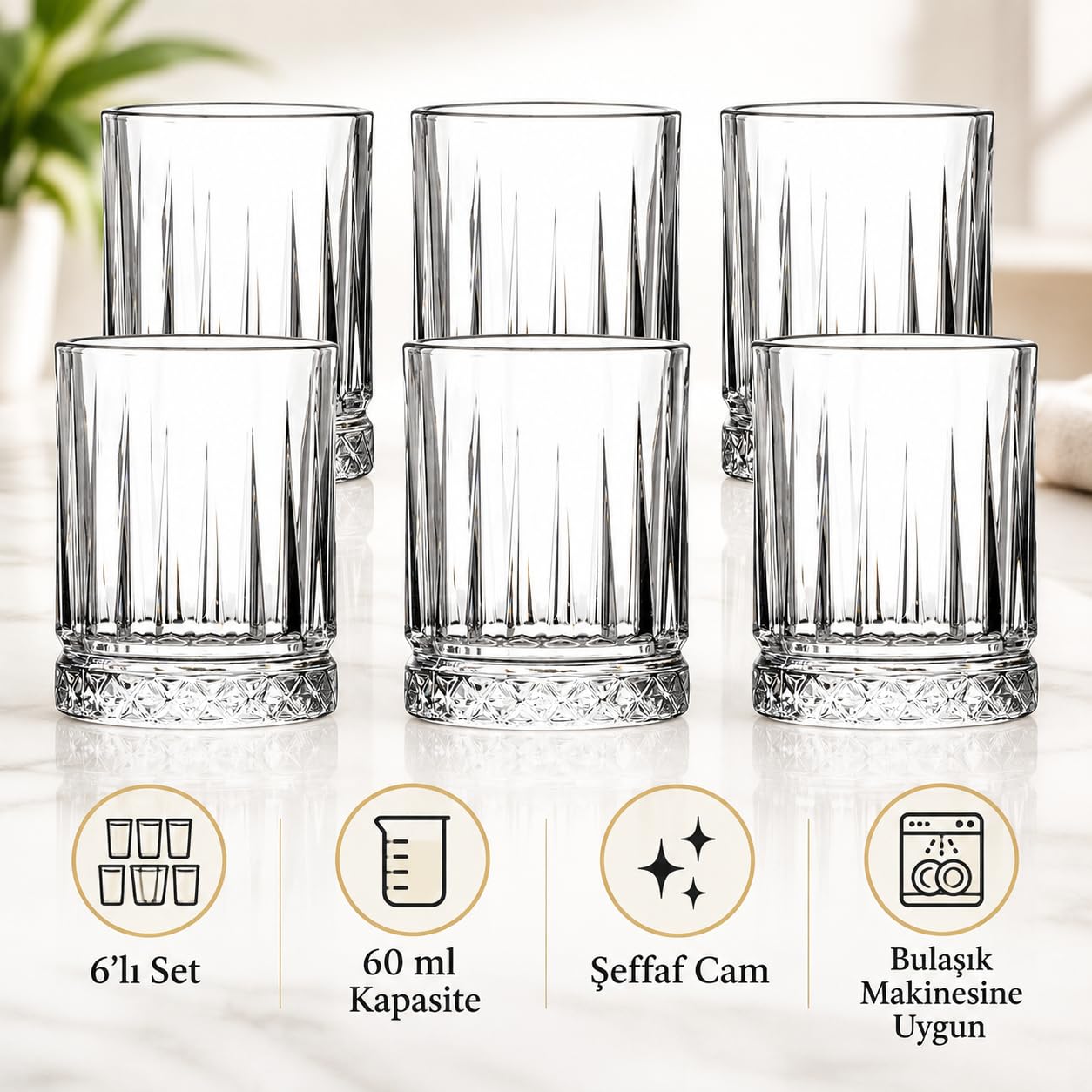 6’lı Kristal Desenli Cam Bardak Seti, 60 ml Şeffaf Küçük İçecek Bardağı, Kahve Yanı Su ve Meşrubat Sunumu İçin