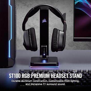 Corsair ST100 RGB Premium Headset Stand (Durable Aluminium Construction, Dynamic 9 Zone RGB Lighting, Built-In 3.5 mm Analog Input with Virtual 7.1 Surround, Dual USB, Black