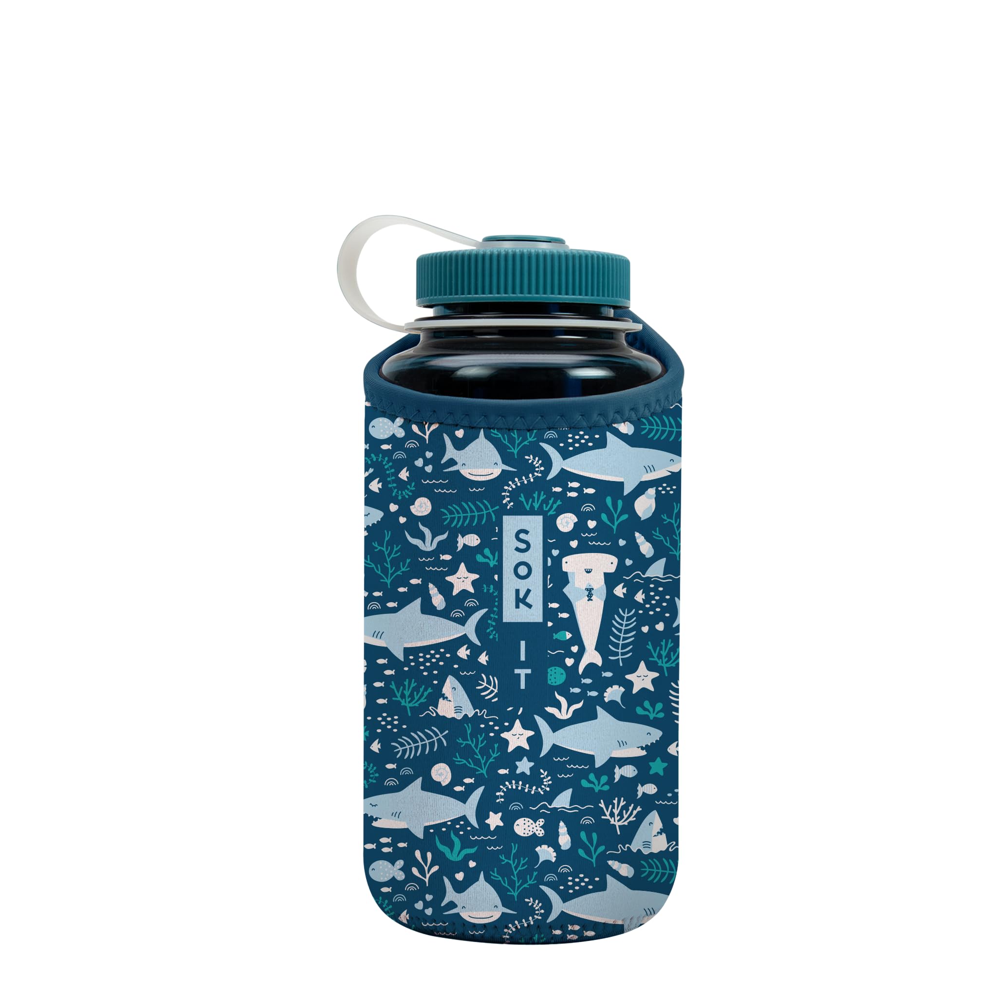 Sok It BotlSok Water Bottle Sleeve Insulated Neoprene Cover (Happy Sharks, Fits 32oz Nalgene)