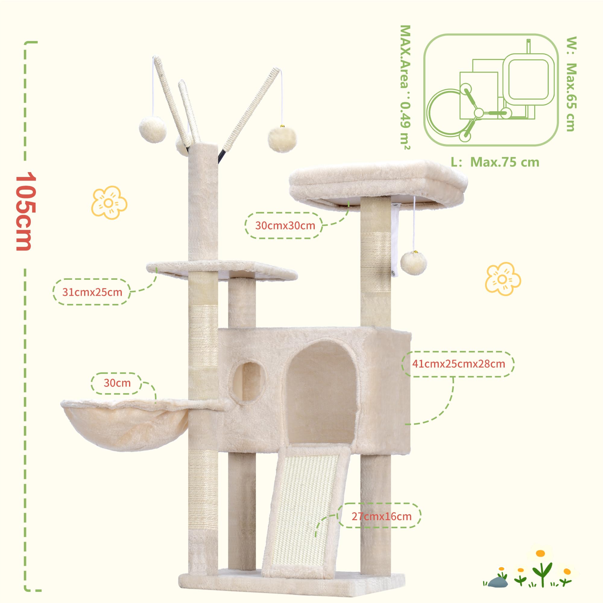 Hey-brother Rascador para Gatos, con Juguetes Extraíbles,Cueva, MPJ008SM | 100cm Árbol Rascador Para Gatos, con Cesta, Plataforma,Rampa Rascadora, para Gatitos de Interior, Beige