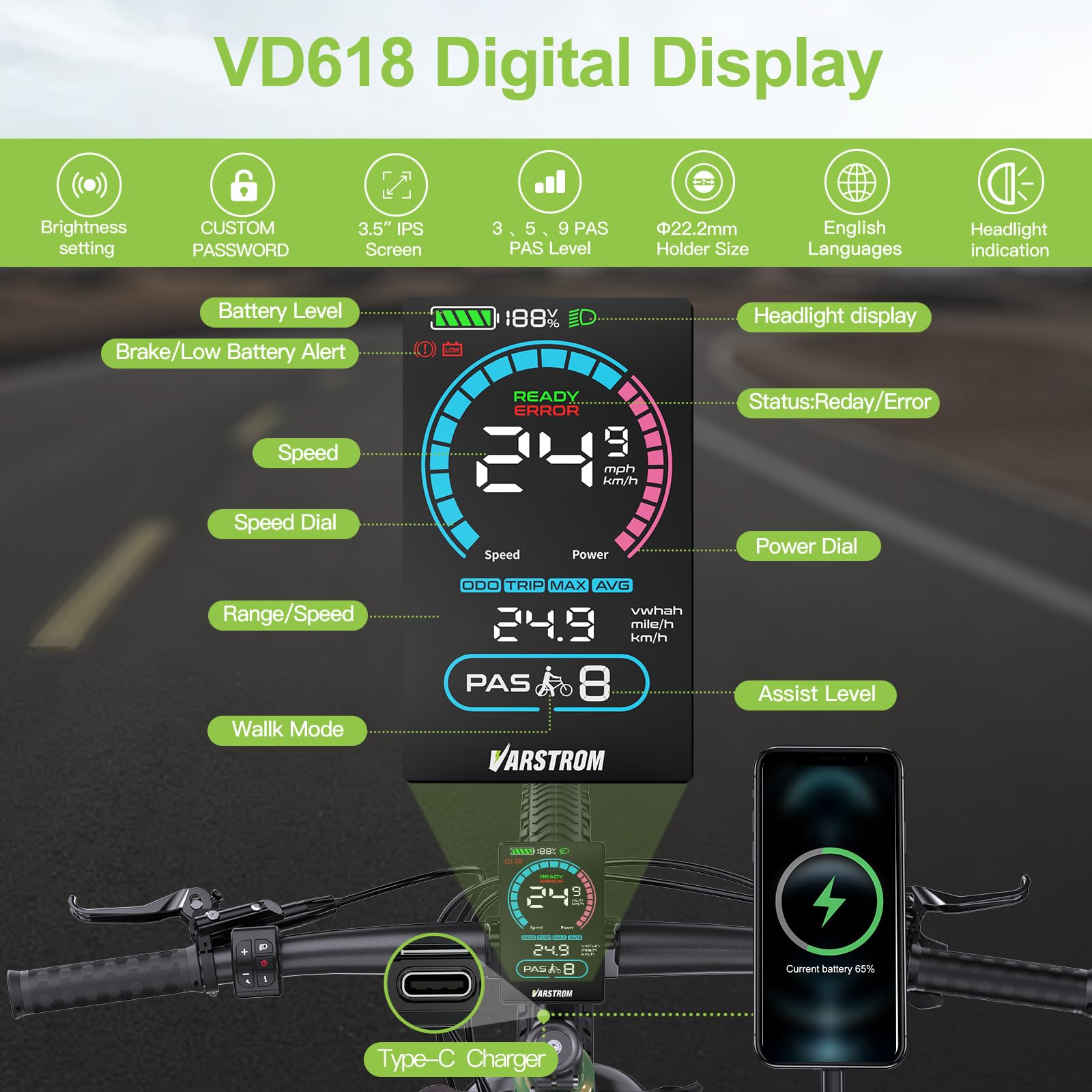 Écran BAFANG VD618 avec BBS01B, BBS02B, BBS-HD Can Triangulaire | Compatible avec les moteurs centraux M200 M400 M500 M600 M620 M420 et les dernières versions
