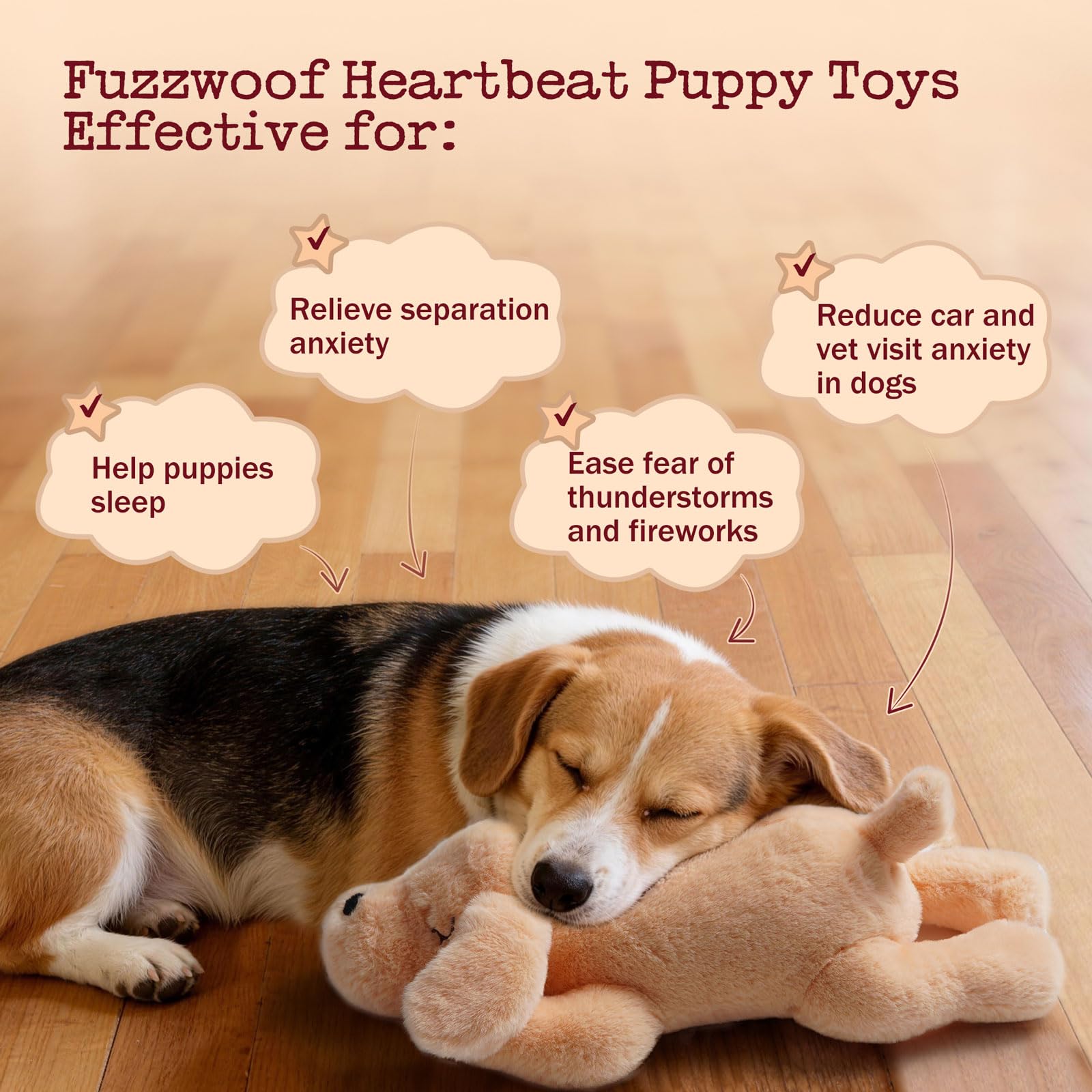 Fuzzwoof Ferngesteuertes Herzschlag-Hundespielzeug, 8-Sounds & Herzschlag-Simulation Plüschspielzeug für Welpen, Schlafhilfe & Angstlinderung, Kistentraining, wiederaufladbarer beruhigender Begleiter