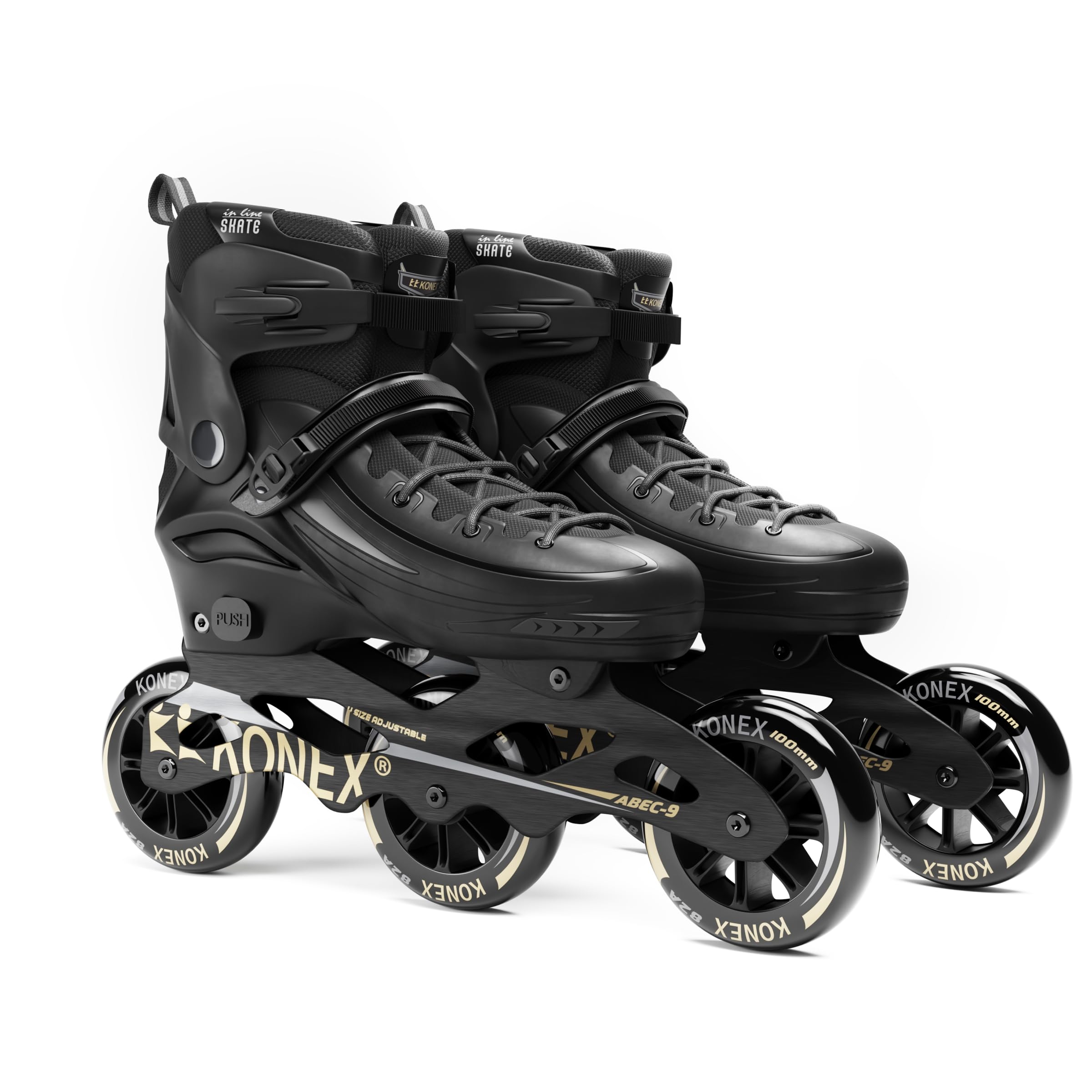 Konex Premium 3 Wheel Inline Skates | Adjustable 100 MM PU Rubber Wheel Roller Skating Shoes for Boys and Girls (Size Euro 35-38, Black)