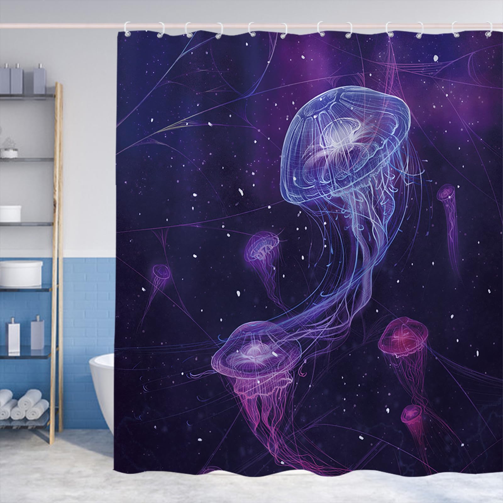 Duschvorhang-Set „Quallen In Sternengalaxie“ – Fantasy-Design, Wasserdicht, 183 X 183 Cm, Inkl. 12 Haken, Für Weltraum-Badezimmer