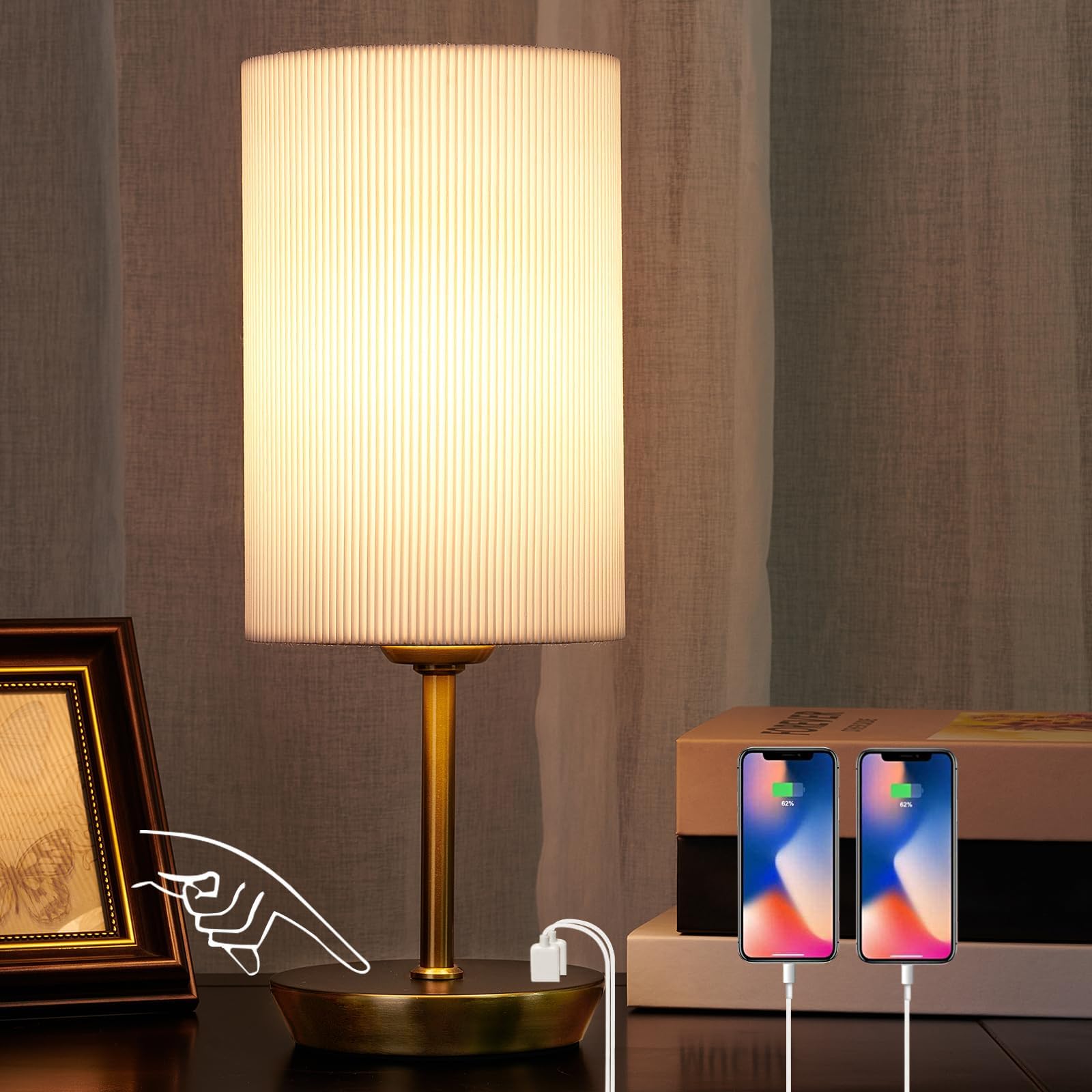 JIAWEN Touch Bedside Lamps, Dimmable Table Lamp with 2 USB Charging Ports, Modern Bedside Table Lamp with White Shade for Nightstand, Bedroom, Living Room, Dinning Room, Desk (Bulb Included)