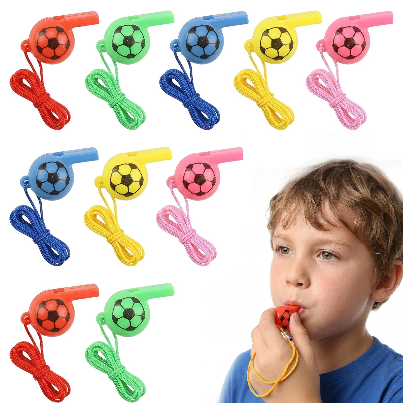 Silbatos de Fútbol con Cordón, Pitos de Plástico para Árbitros y Aficionados, 5 Colores, Correa 65cm