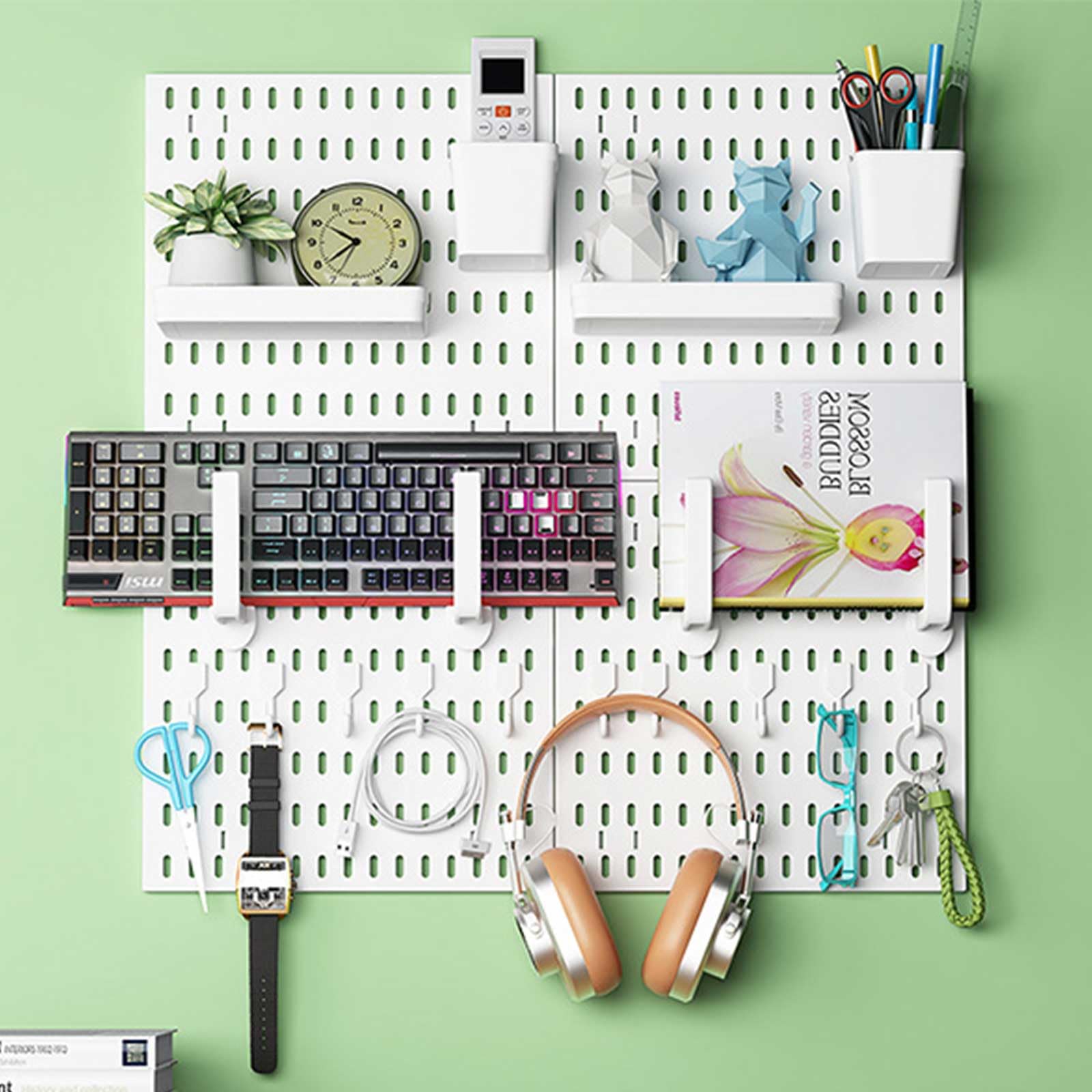 Kit combinato di 4 pannelli forati, organizer da parete con bidoni, ripiani e ganci, per artigianato, organizzazione, ornamenti, esposizione, vivaio, 30 cm