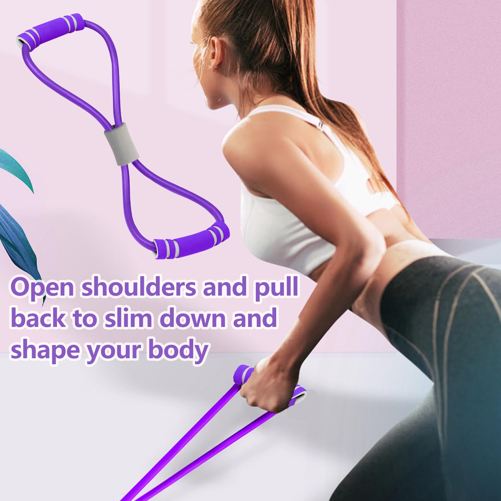 Crunches Pull Rope z figurką 8 ściągaczami i opaskami fitness (fioletowy) | 6 rurek gumowych gumowych taśm, opaski do ćwiczeń fitness, fitness do treningu talii nóg brzucha