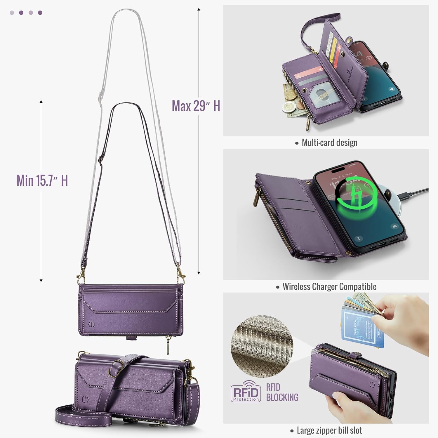 Wallet Case Compatible with iPhone 16 6.1" RFID Blocking 7-Card Holder Soft PU Leather Magnetic Snap Shoulder Strap Zipper Pocket Phone Case Fit for iPhone 16 for Women - Purple - Image 7
