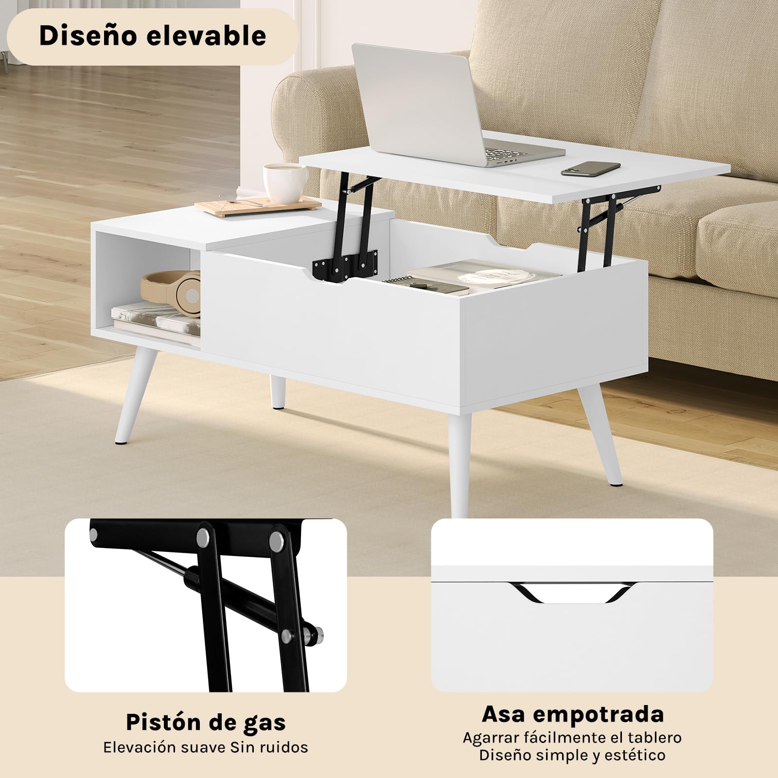 WOLTU Mesa Centro Elevable, Mesita Salon con Espacio Interno y Compartimento Abierto, Mesa de Salón Elevable y Extensible, Mesilla Auxiliar Multifuncional, 100x50x(43-57) cm, Blanco, BTS26ws
