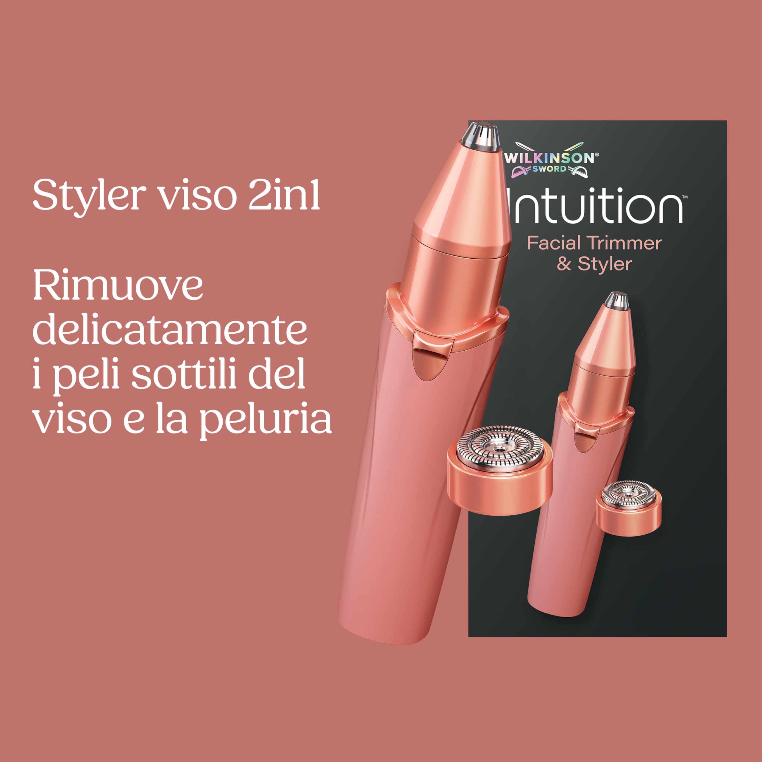 Wilkinson Sword Intuition rifinitore e regolatore per il viso da donna, rasoio per sopracciglia e rifinitore per peli del viso 2in1 con 2 accessori, 1 spazzolina per la pulizia, 1 batteria AA