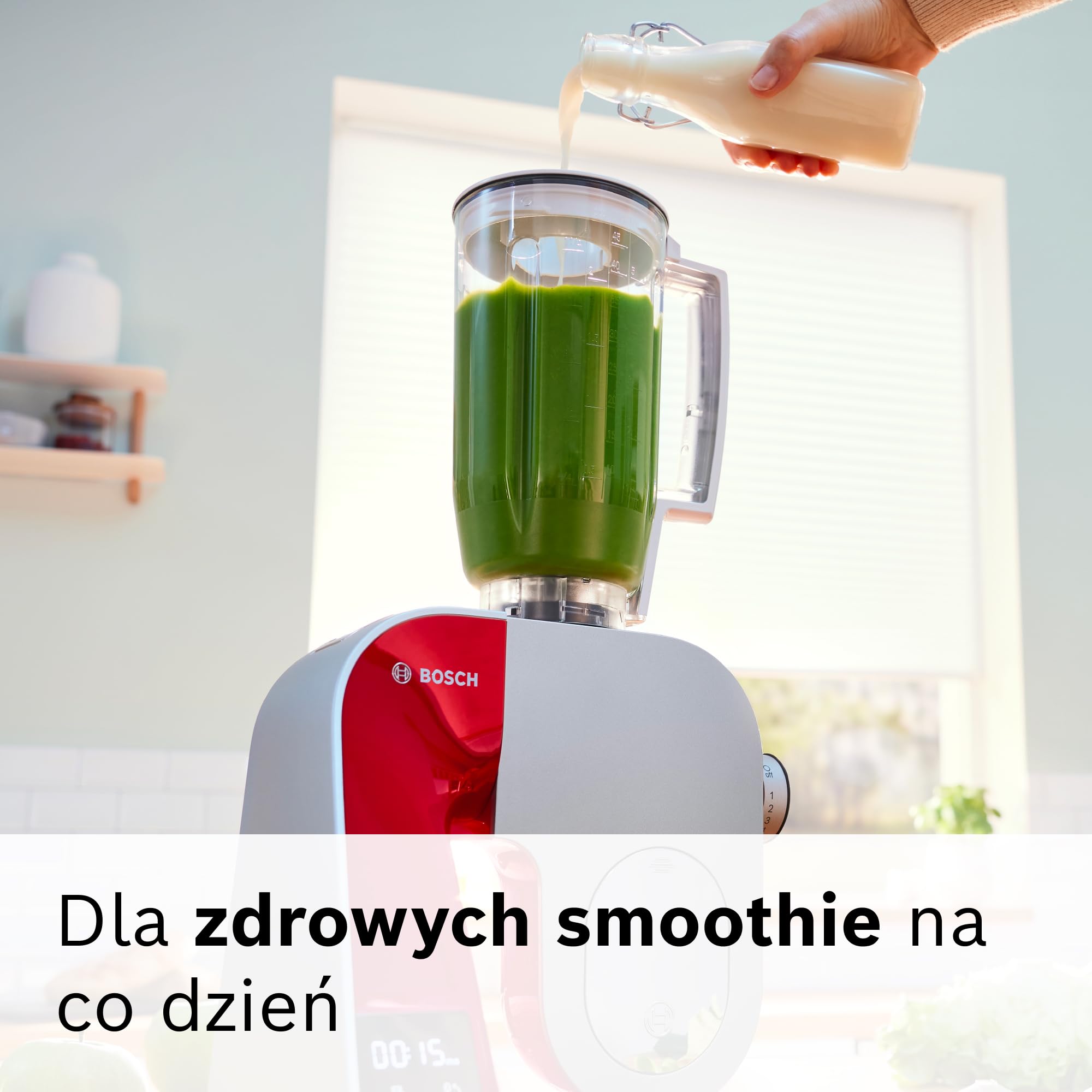 Bosch, mikser stojący, MUM5, 1000 W, 7 ustawień prędkości, miska ze stali nierdzewnej 3,9 l, zestaw do ciast w zestawie, waga, timer, blender, ciągła szatkownica z czterema dyskami, czerwony, MUM5X720