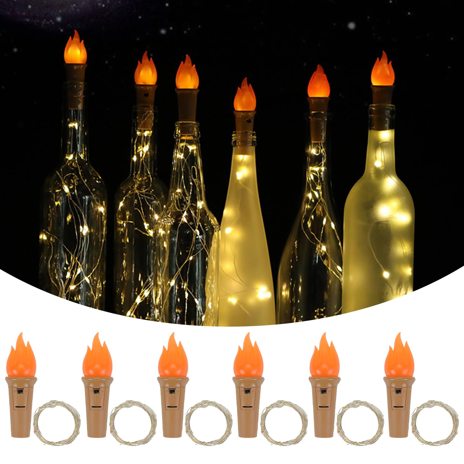 Tulov 6 Stück Flaschenlichterkette Korken, 2M 20 LEDs Flammenform, Warmweiß, LED Flaschenlicht für Hochzeit, Party, Weihnachten, DIY Flaschen Deko, Einfache Anwendung, Romantisches Ambiente