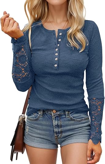 ★KASHIKO★ Zen Button Henley Neck Top Cnlinkco Womens Tops Ribbed Knit Henley Long Sleeve V Neck