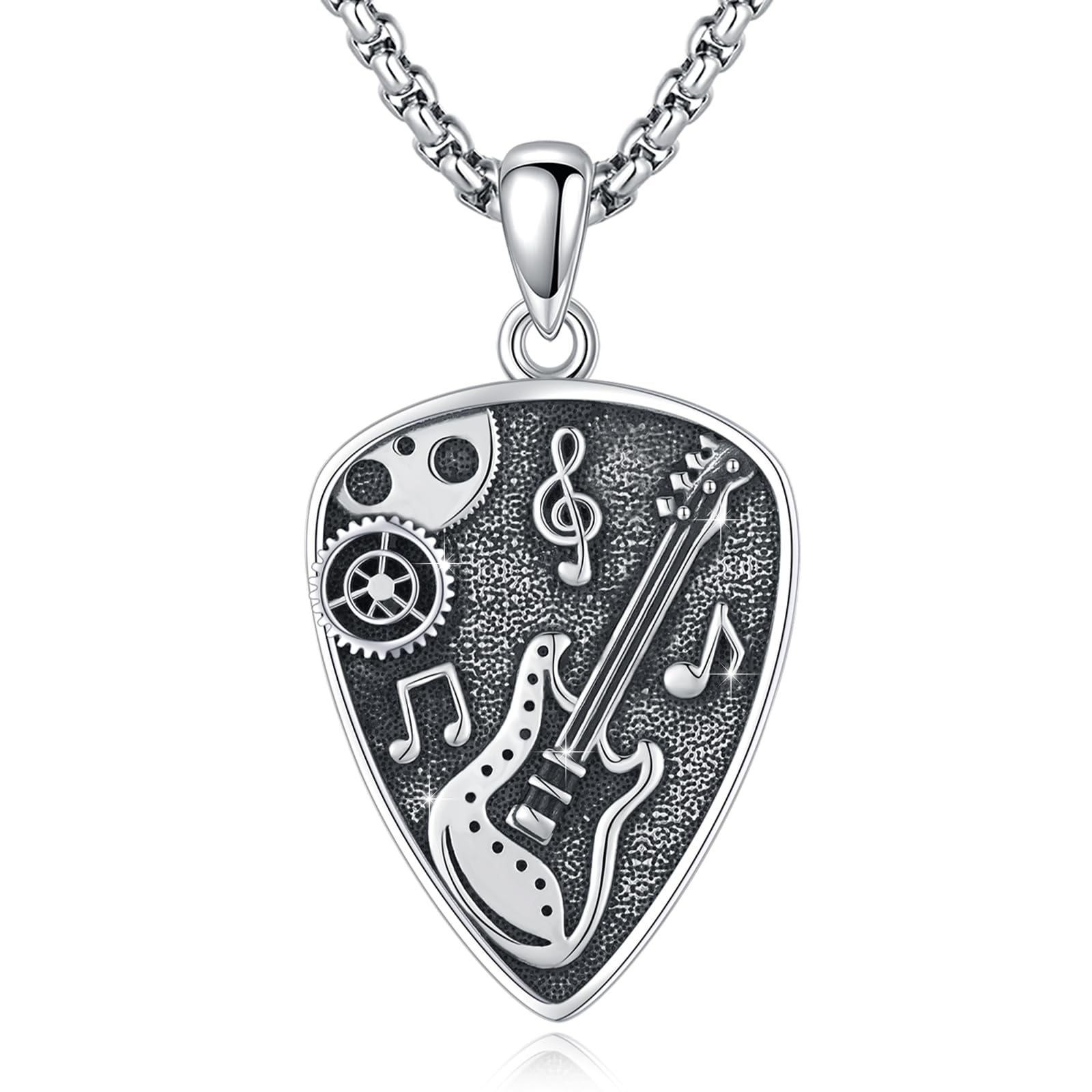 YueYuan Guitar Pick Necklace 925 Sterling Silver Abalone Shell Peace Sign/Guitar Plectrum/Music Note Pendant Music Jewelry Musicians Gift for Men