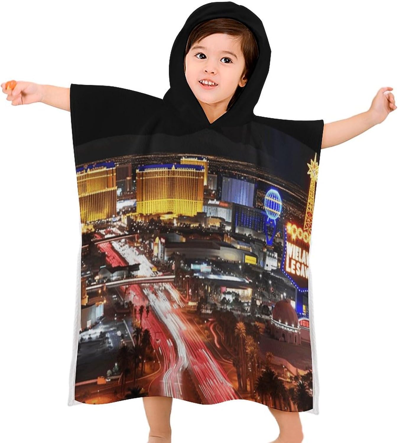 Kids Bath Towel Kids Hooded Beach Towel Kids Pool Towel Las Vegas Night City Printed Kids Beach Towel for Boys Girls Soft Absorbent Quick Dry Beach Swim Pool Towel