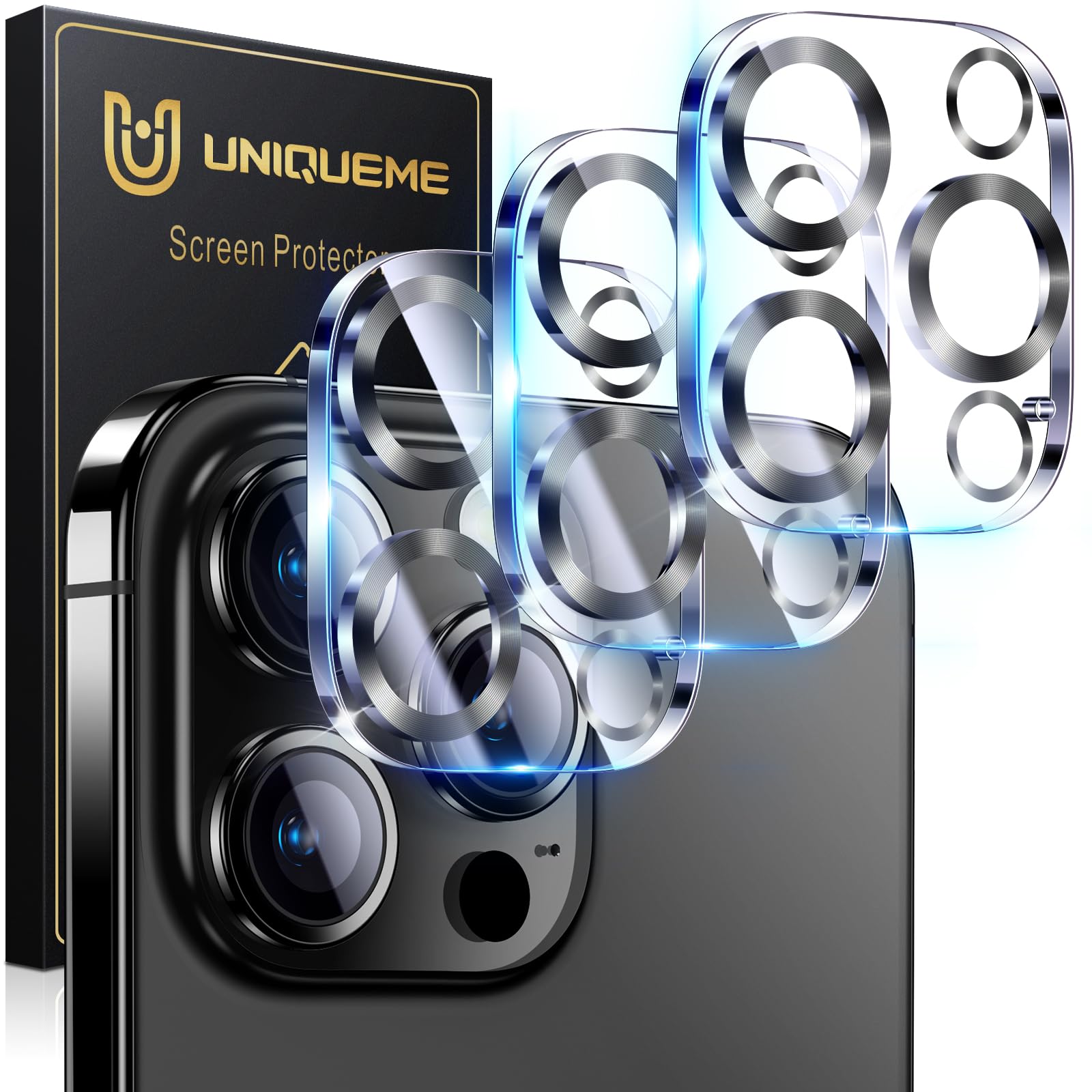 UniqueMe for iPhone 16 Pro/16 Pro Max Camera Lens Protector - 3 Pack Ultra HD Tempered Glass Camera Len Protection Cover [Case Friendly] [Scratch-Resistant] [Night Shooting Mode]-Black