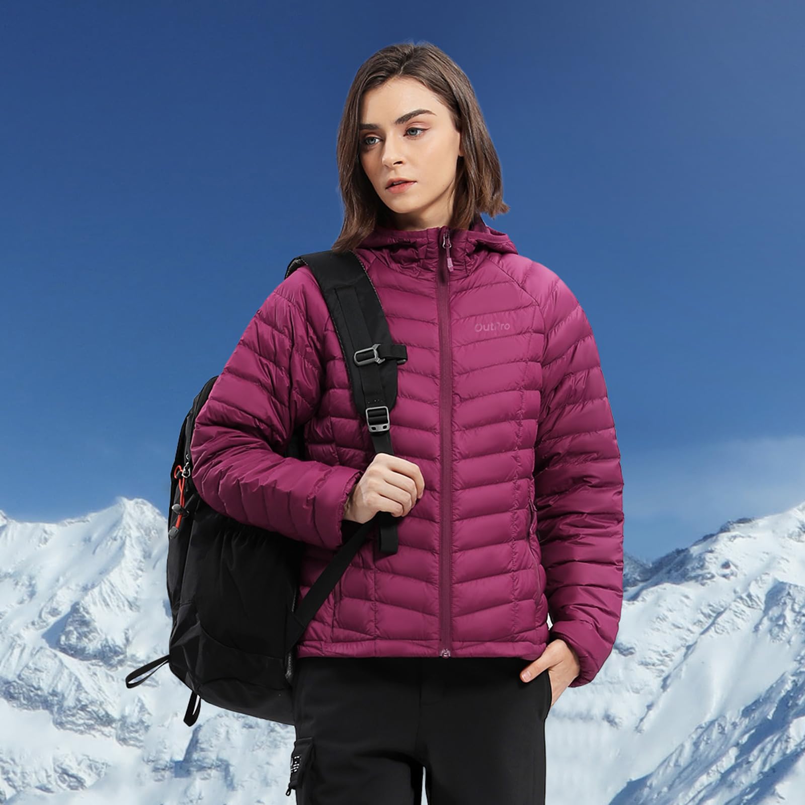 OutPro Daunenjacke Damen Leichte Packbare Übergangsjacke Warme Winterjacke mit Kapuze Outdoor für Frauen Warmes Polythermal-Futter mit Taschen für Freizeit Wandern Reisen