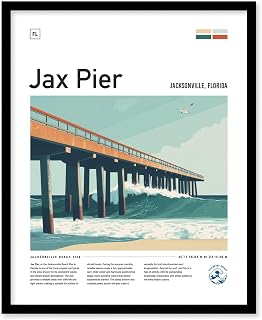 Jax Pier Florida Surf Spot Framed Poster | Jacksonville Beach Wave Modern Wall Art | FL Surfing Minimalist Design Travel Print | Coastal Surfer Decor Man Cave Gift, print-only, 16x20-in, Unframed