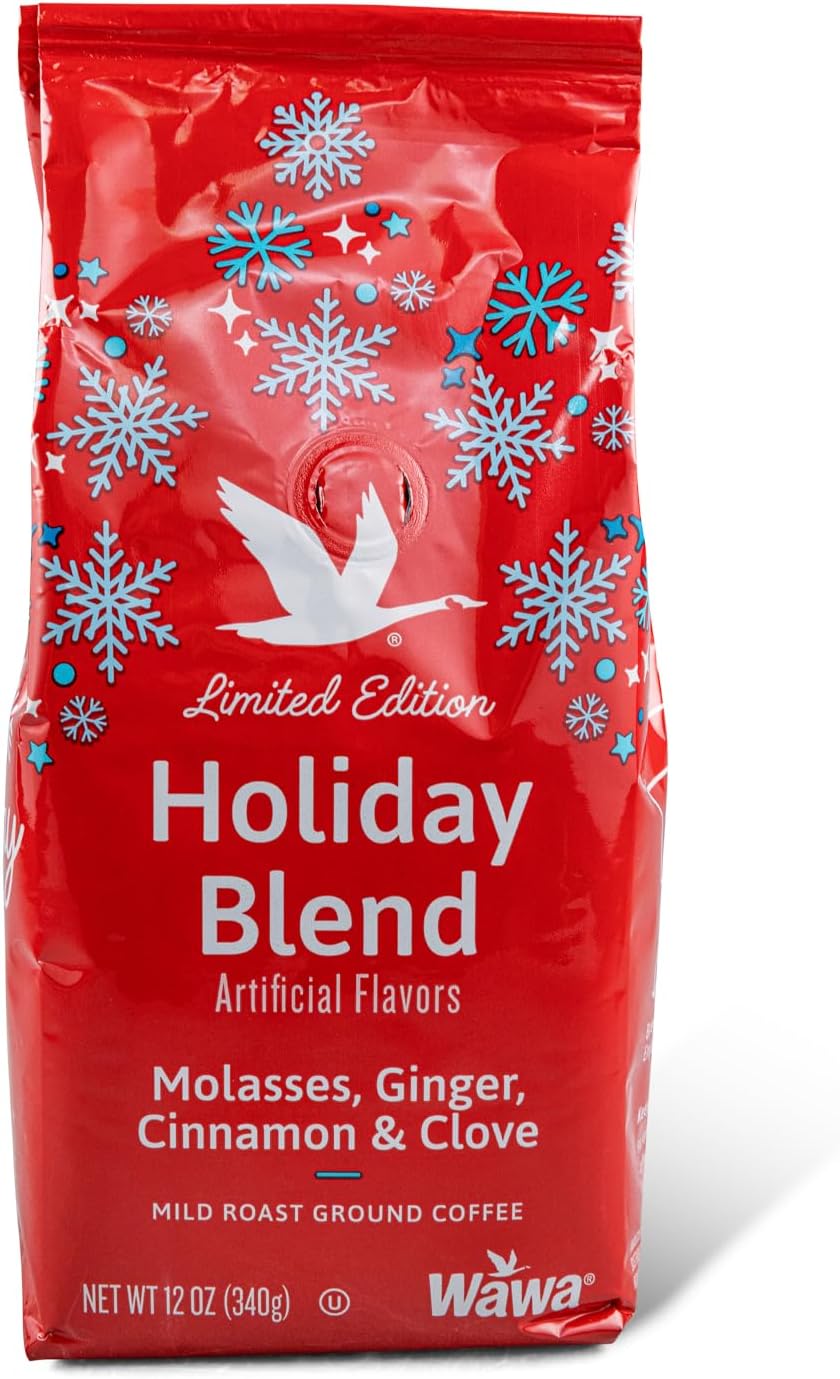 Wawa Ground Coffee Mild Roast, Holiday Blend, 12 oz Bag, Seasonal Notes of Molasses, Ginger & Cinnamon For Hot or Iced Coffee, 100% More Responsibly Sourced from Rainforest Alliance Certified Farms