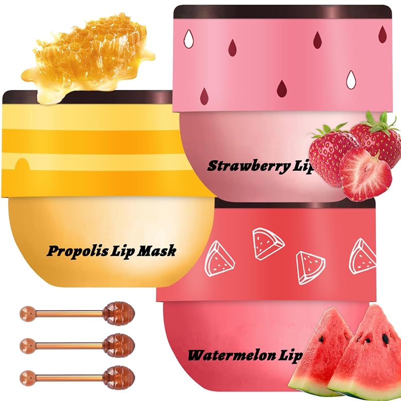 Kit Meilury com 3 máscaras labiais noturnas de mel, morango e melancia