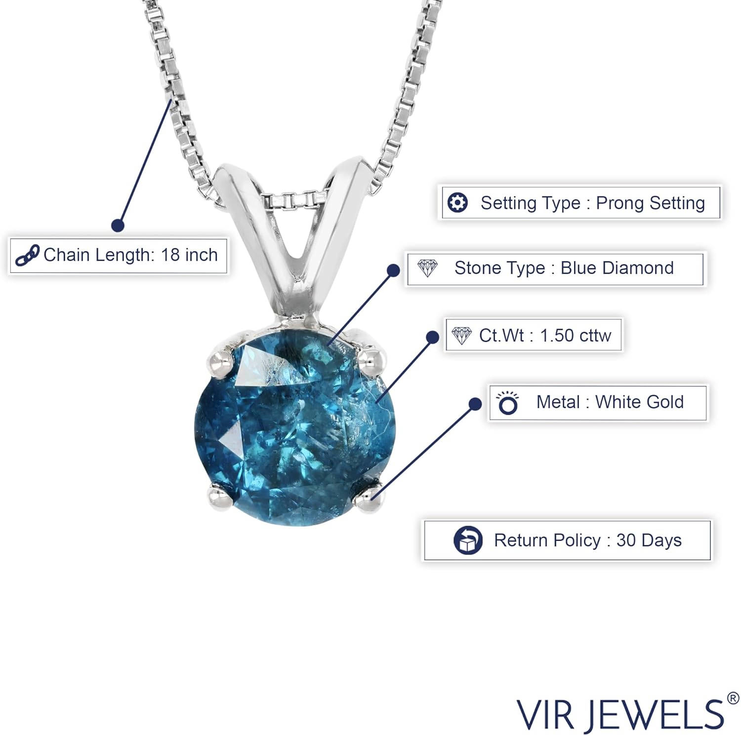 VIR JEWELS 1.50 cttw Diamond Pendant, Blue Diamond Solitaire Pendant Necklace for Women in 14K White Gold with 18 Inch Chain, Prong Setting
